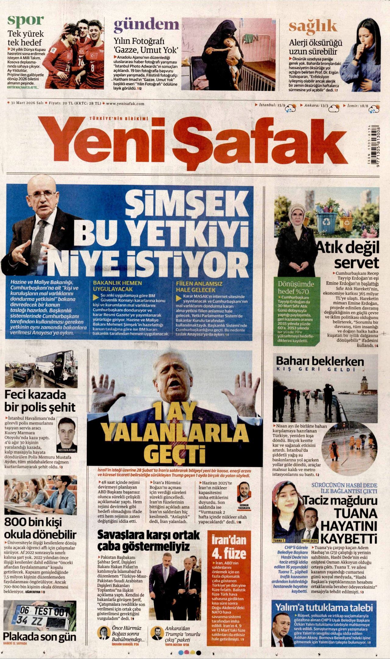 Yeni Şafak Gazetesi Manşeti - 31.03.2026