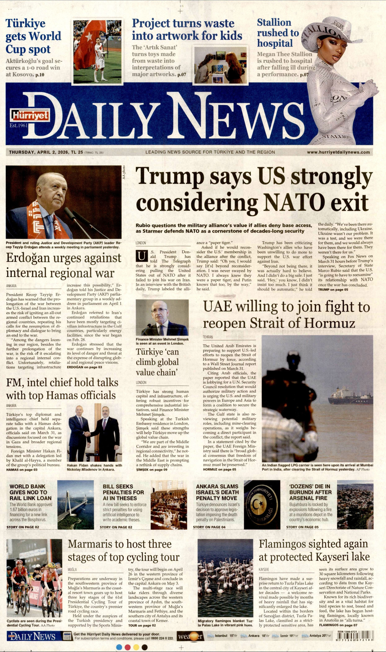 Hürriyet Daily News Gazetesi Manşeti - 02.04.2026