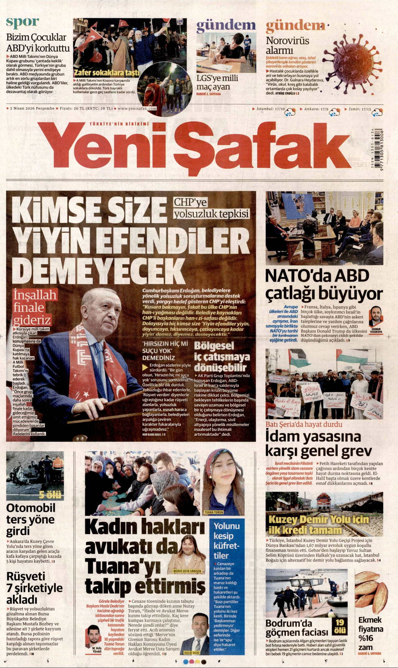 Yeni Şafak Gazetesi Manşeti - 02.04.2026