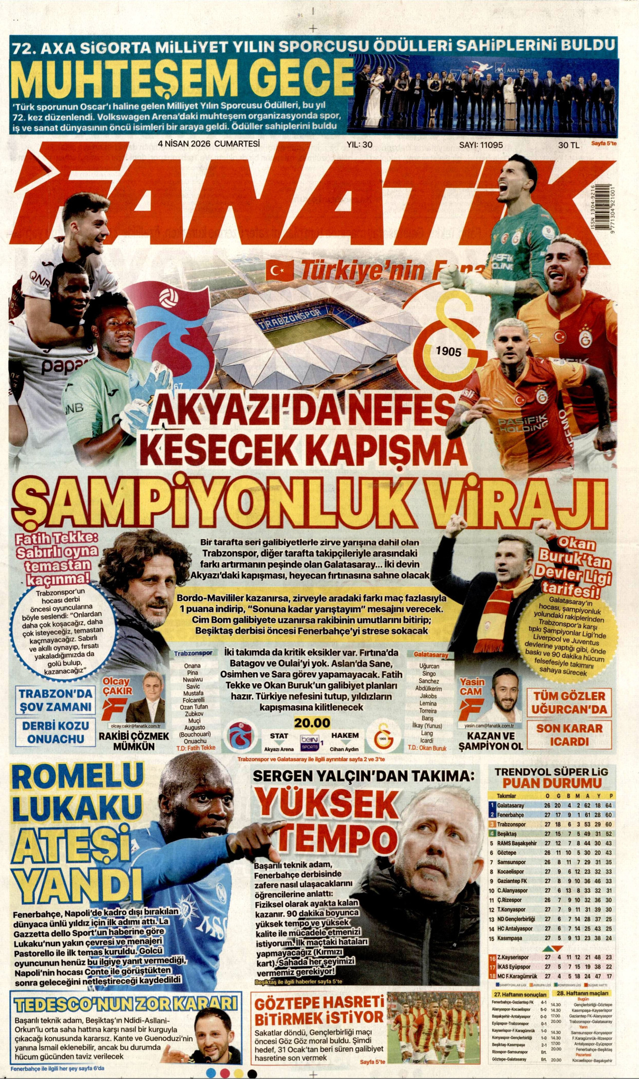 Fanatik Gazetesi Manşeti - 4 Nisan 2026 Birinci Sayfa