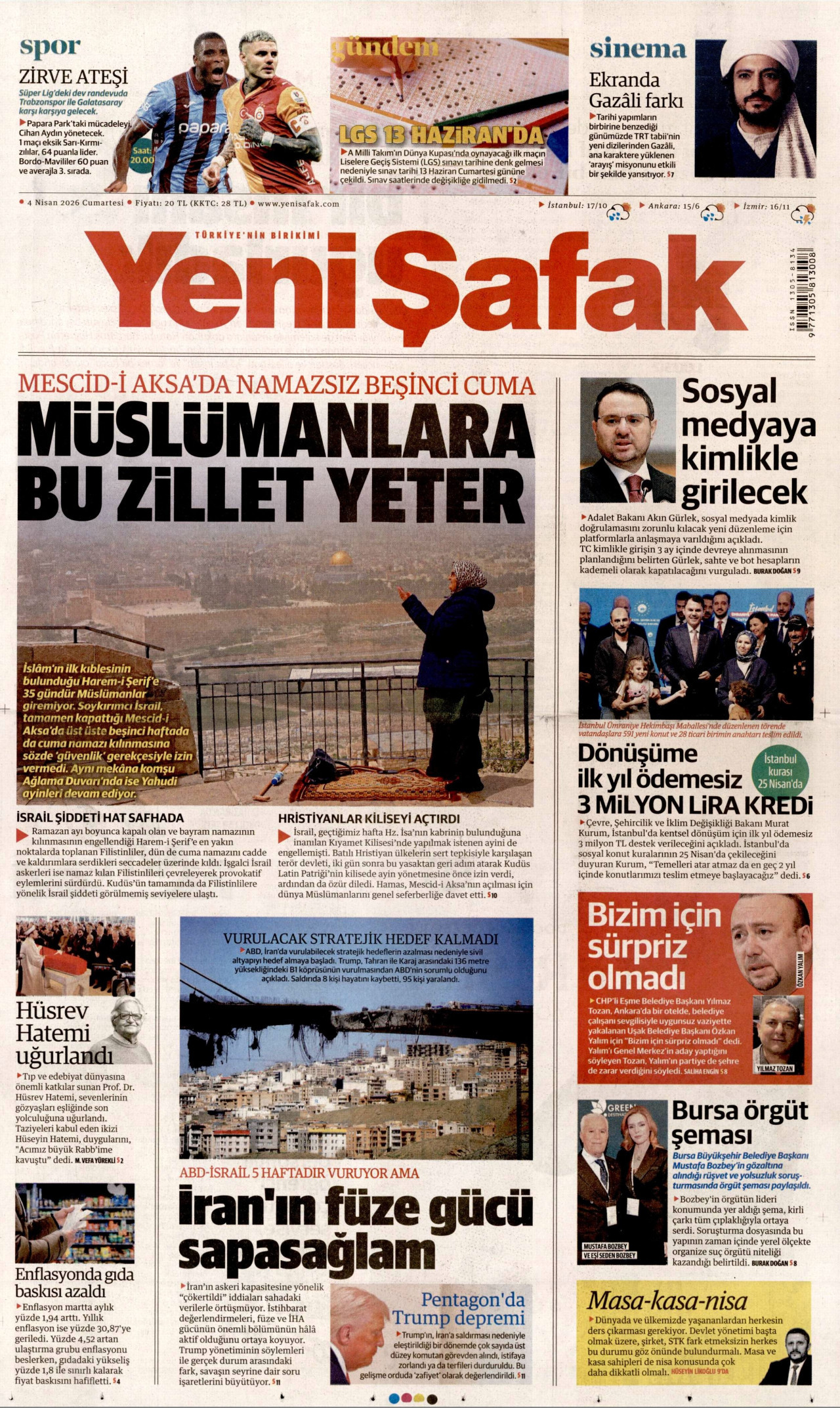 Yeni Şafak Gazetesi Manşeti - 04.04.2026
