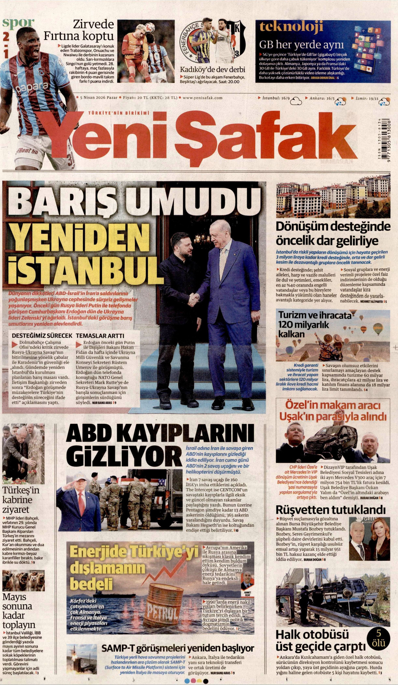 Yeni Şafak Gazetesi Manşeti - 05.04.2026
