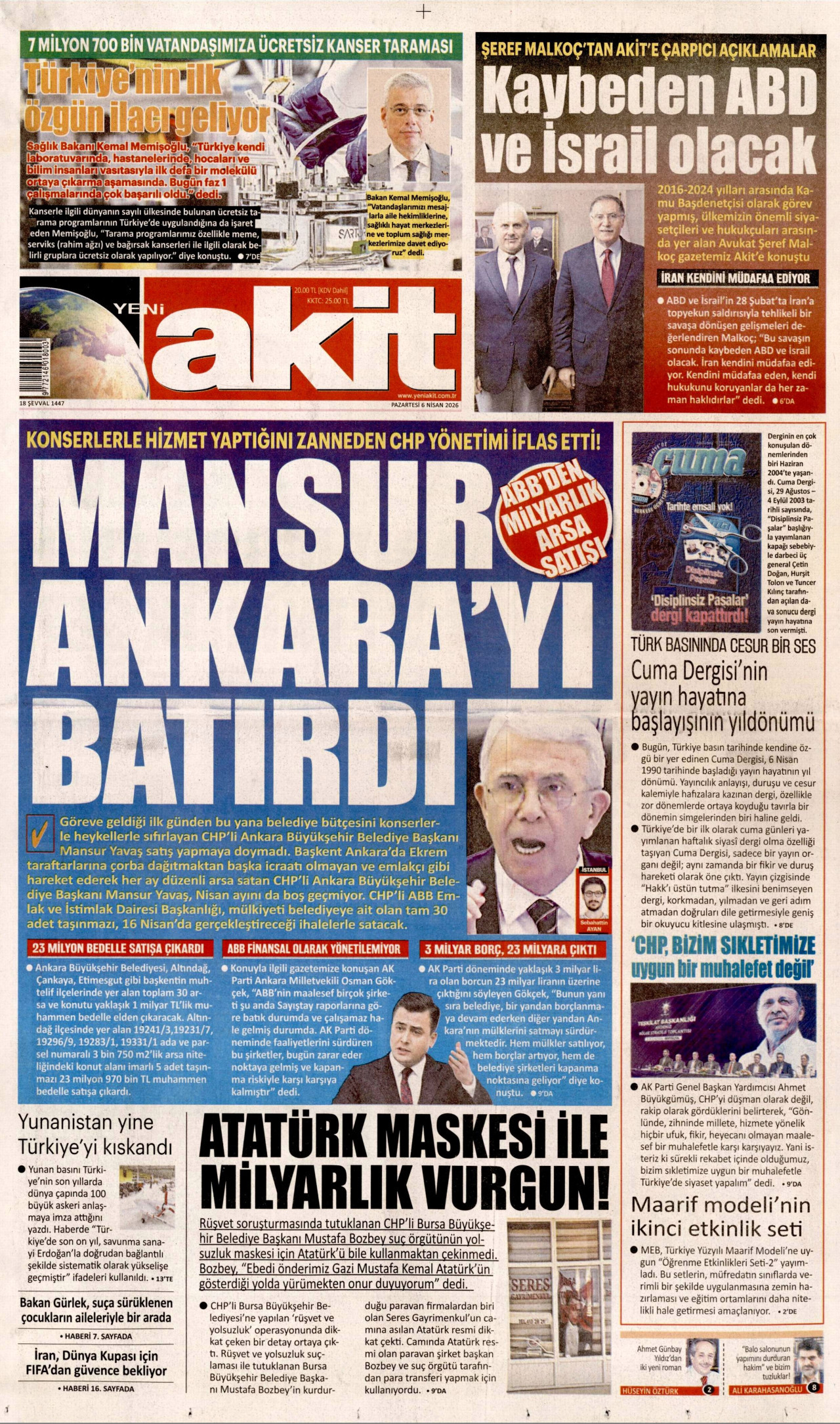 Yeni Akit Gazetesi Manşeti - 06.04.2026