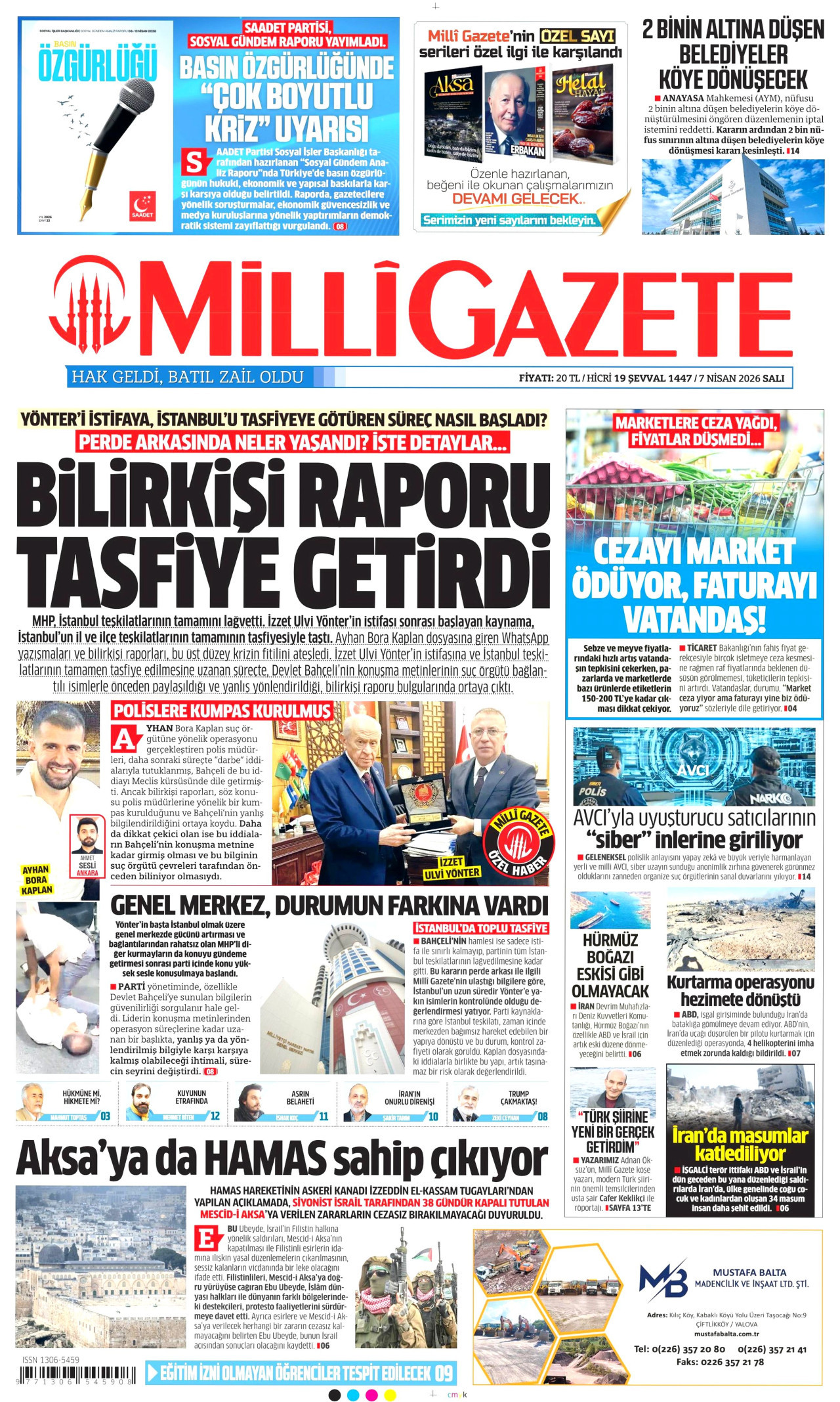 Milli Gazete Gazetesi Manşeti - 07.04.2026