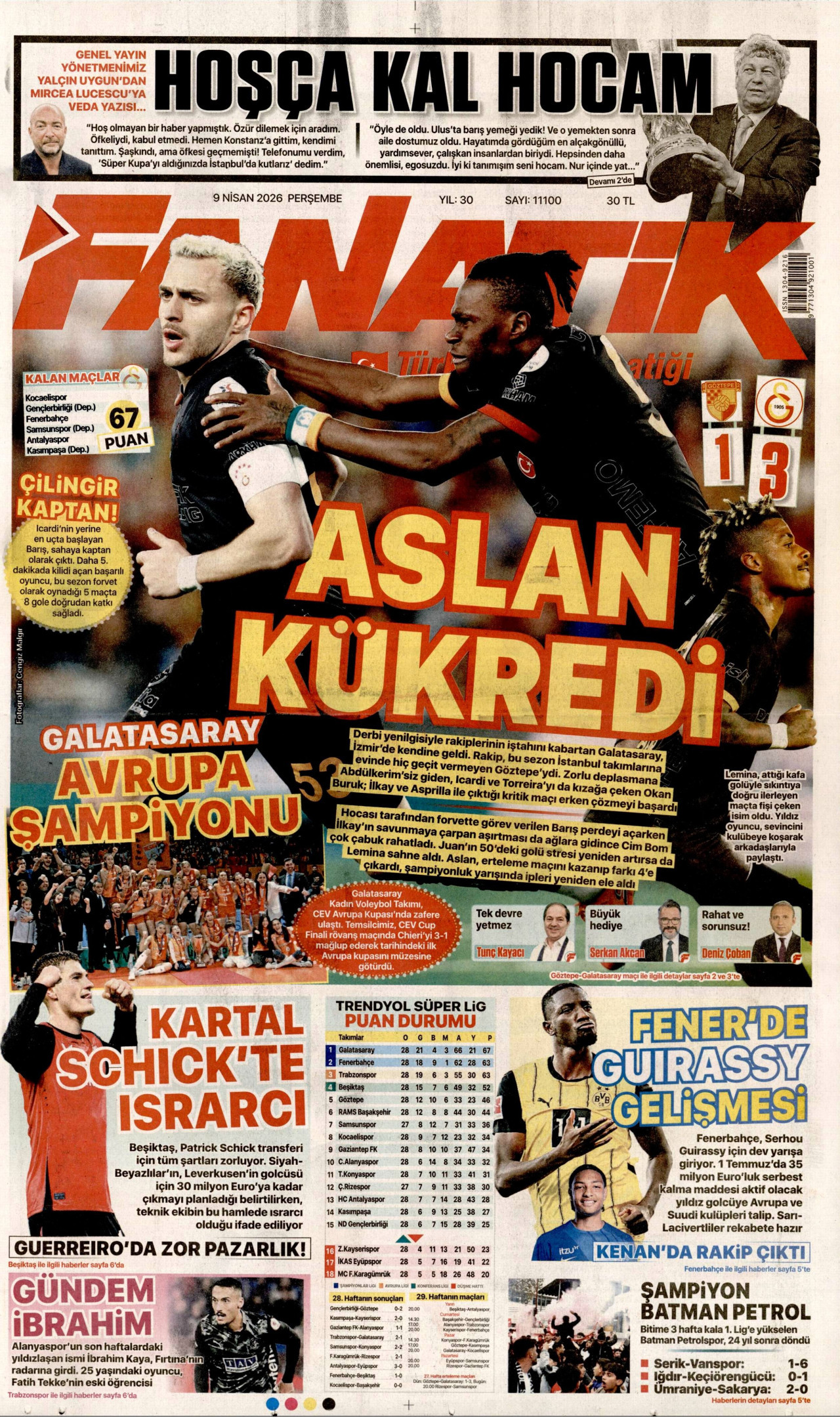 Fanatik Gazetesi Manşeti - 09.04.2026