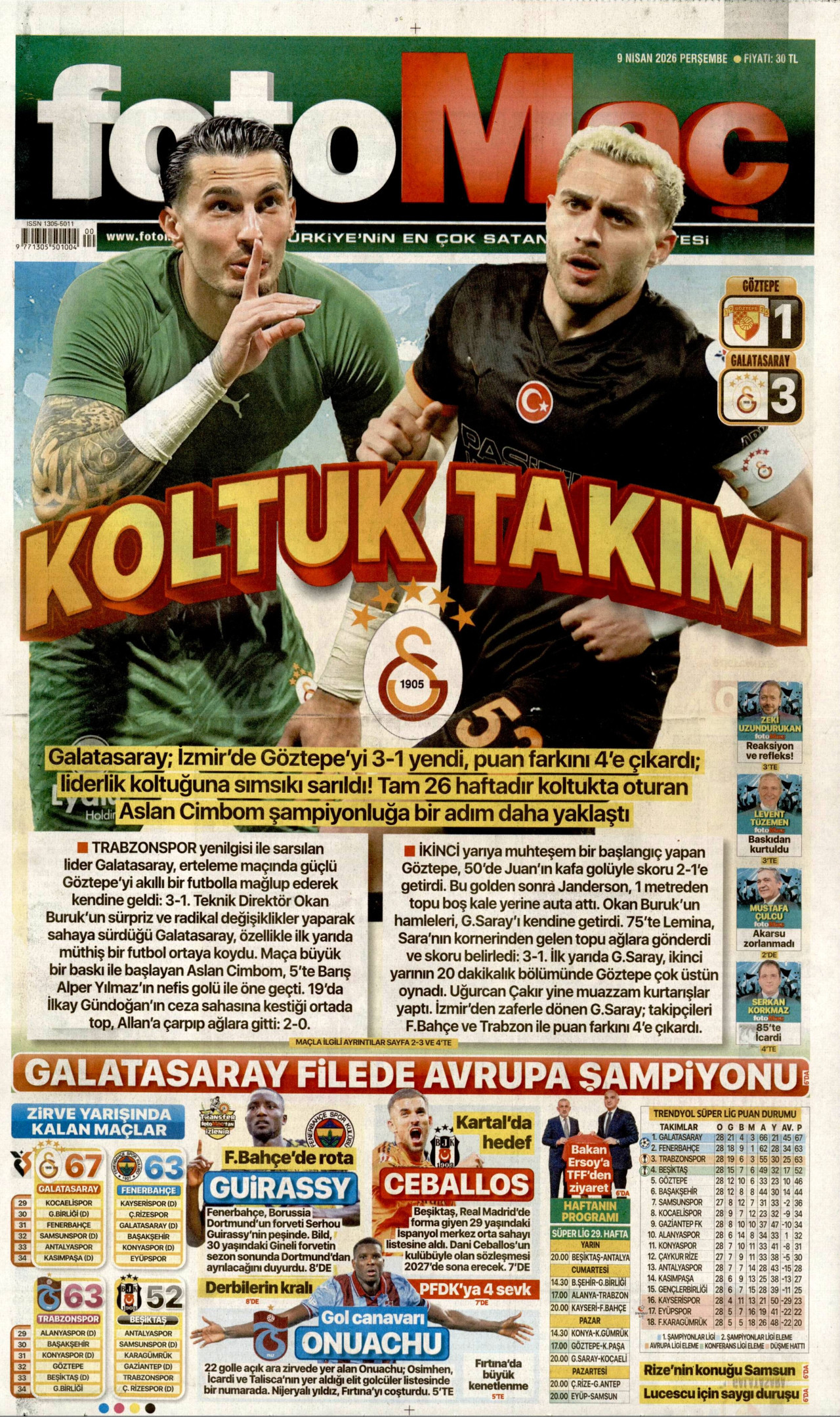 Fotomaç Gazetesi Manşeti - 09.04.2026