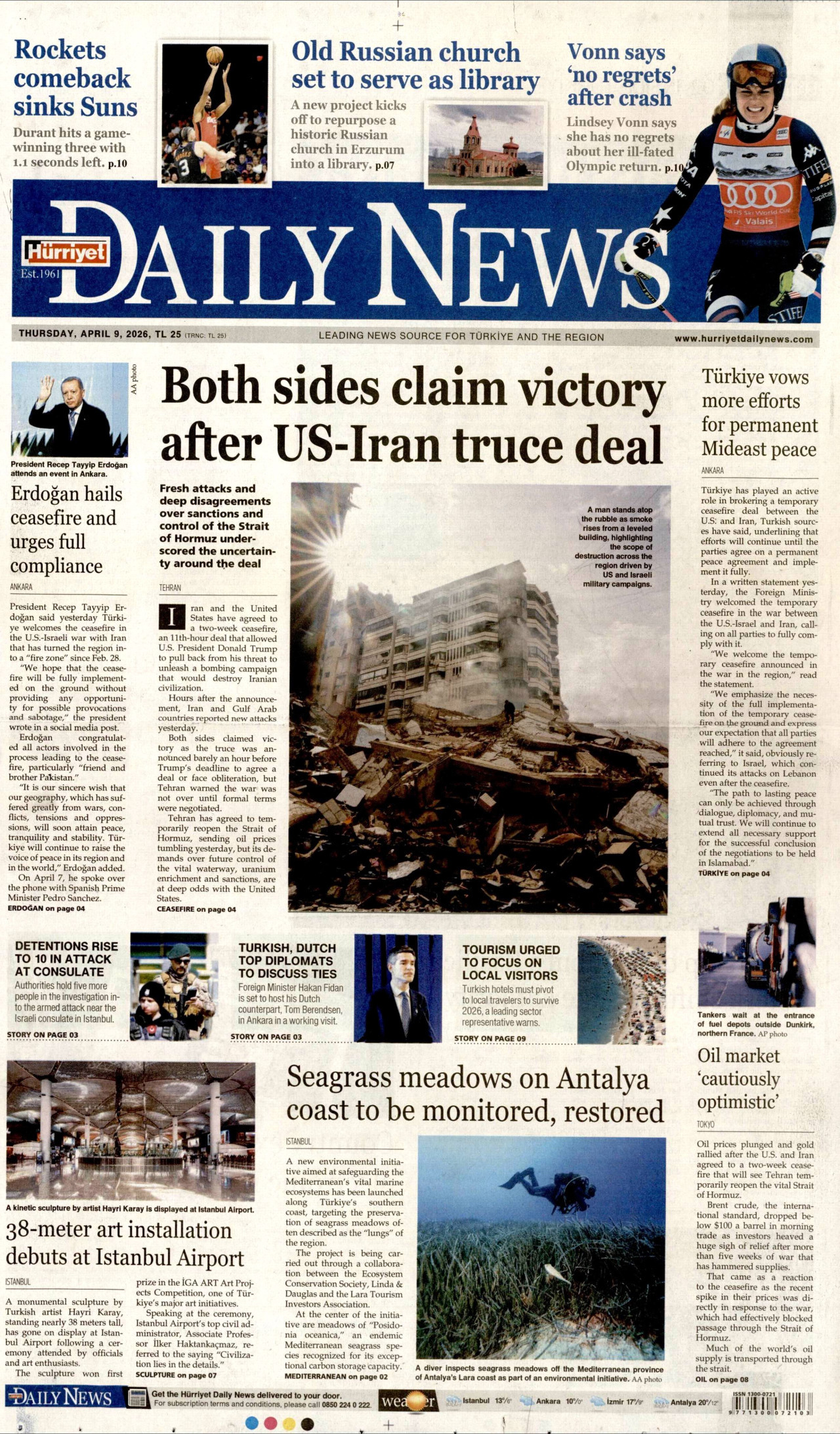 Hürriyet Daily News Gazetesi Manşeti - 9 Nisan 2026 Birinci Sayfa