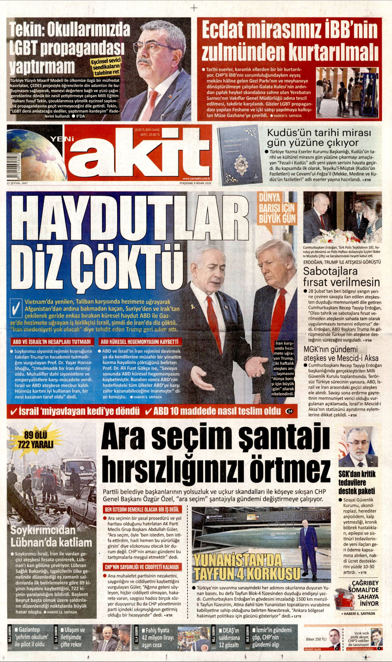 Yeni Akit Gazetesi Manşeti - 09.04.2026