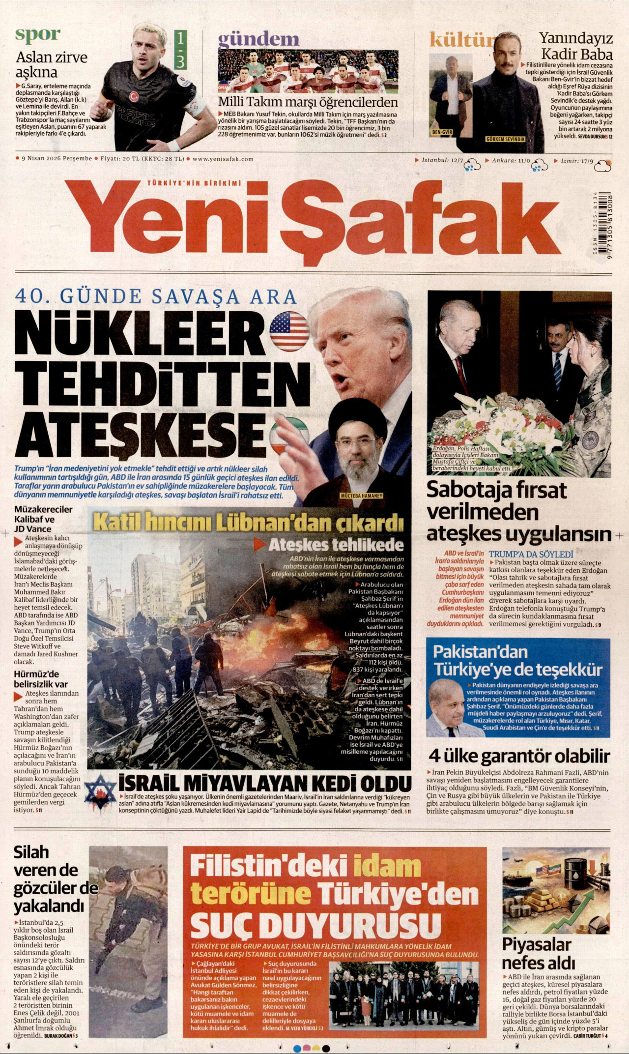 Yeni Şafak Gazetesi Manşeti - 09.04.2026