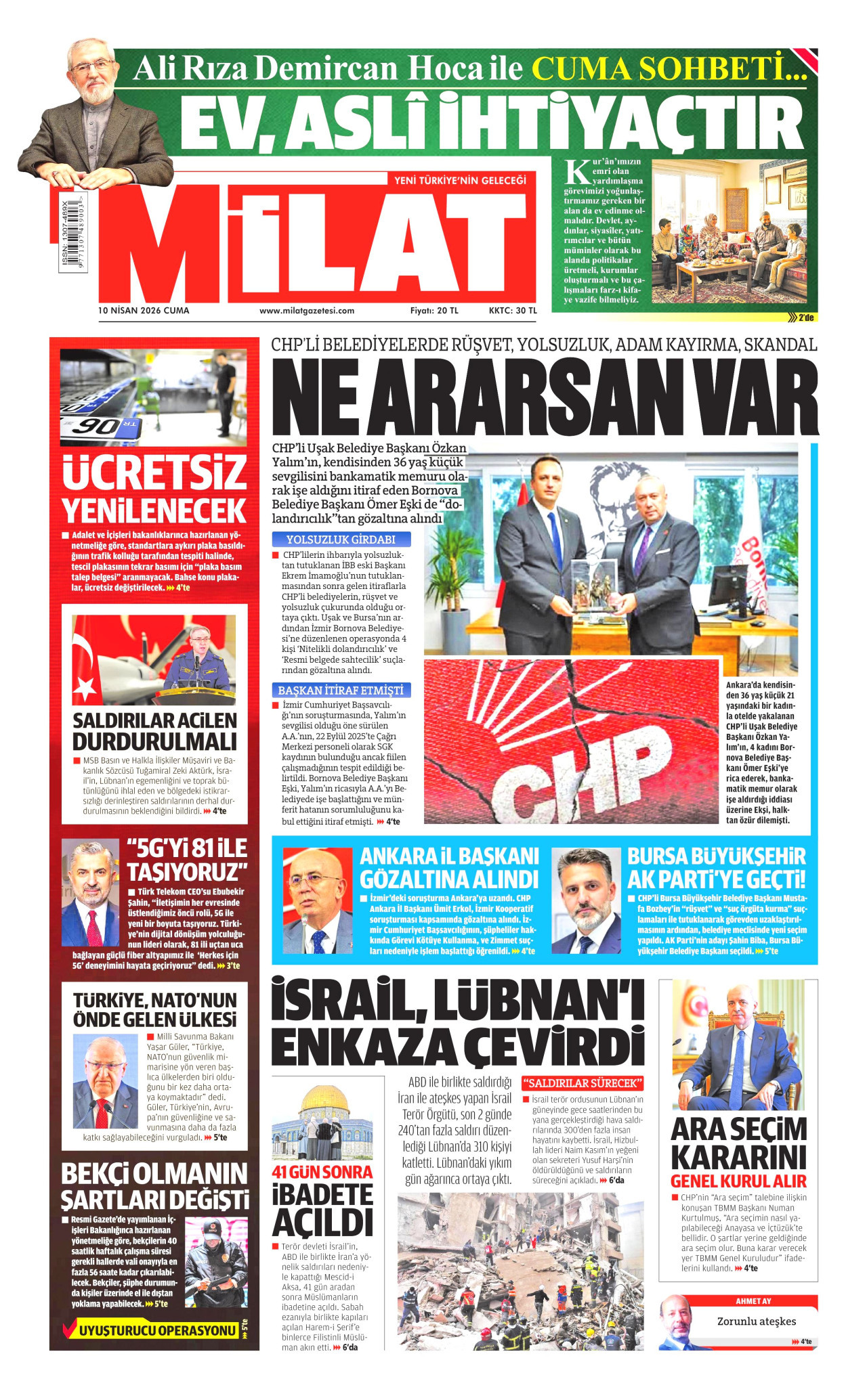 Milat Gazetesi Manşeti - 10 Nisan 2026 Birinci Sayfa