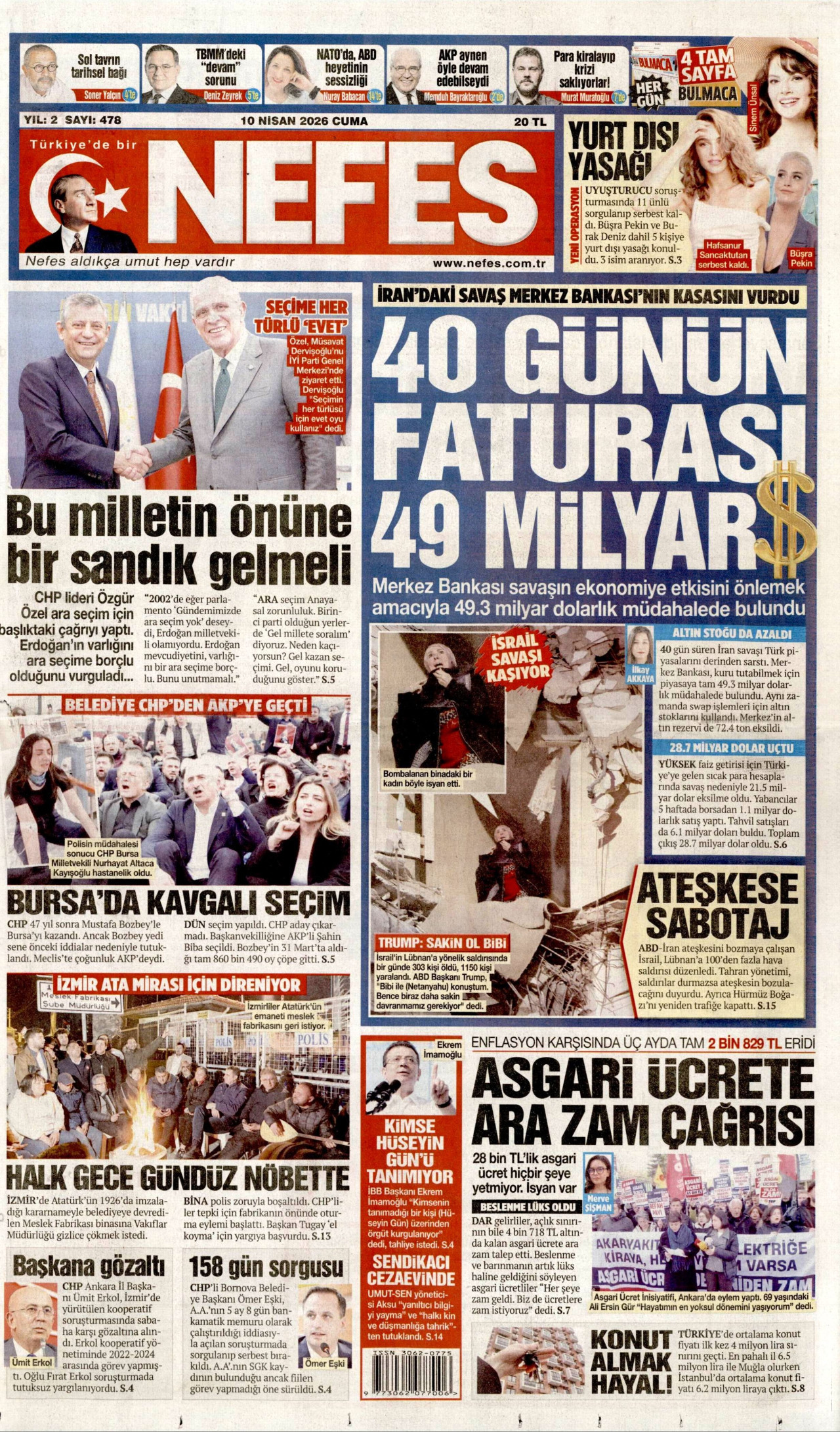 Nefes Gazetesi Manşeti - 10 Nisan 2026 Birinci Sayfa