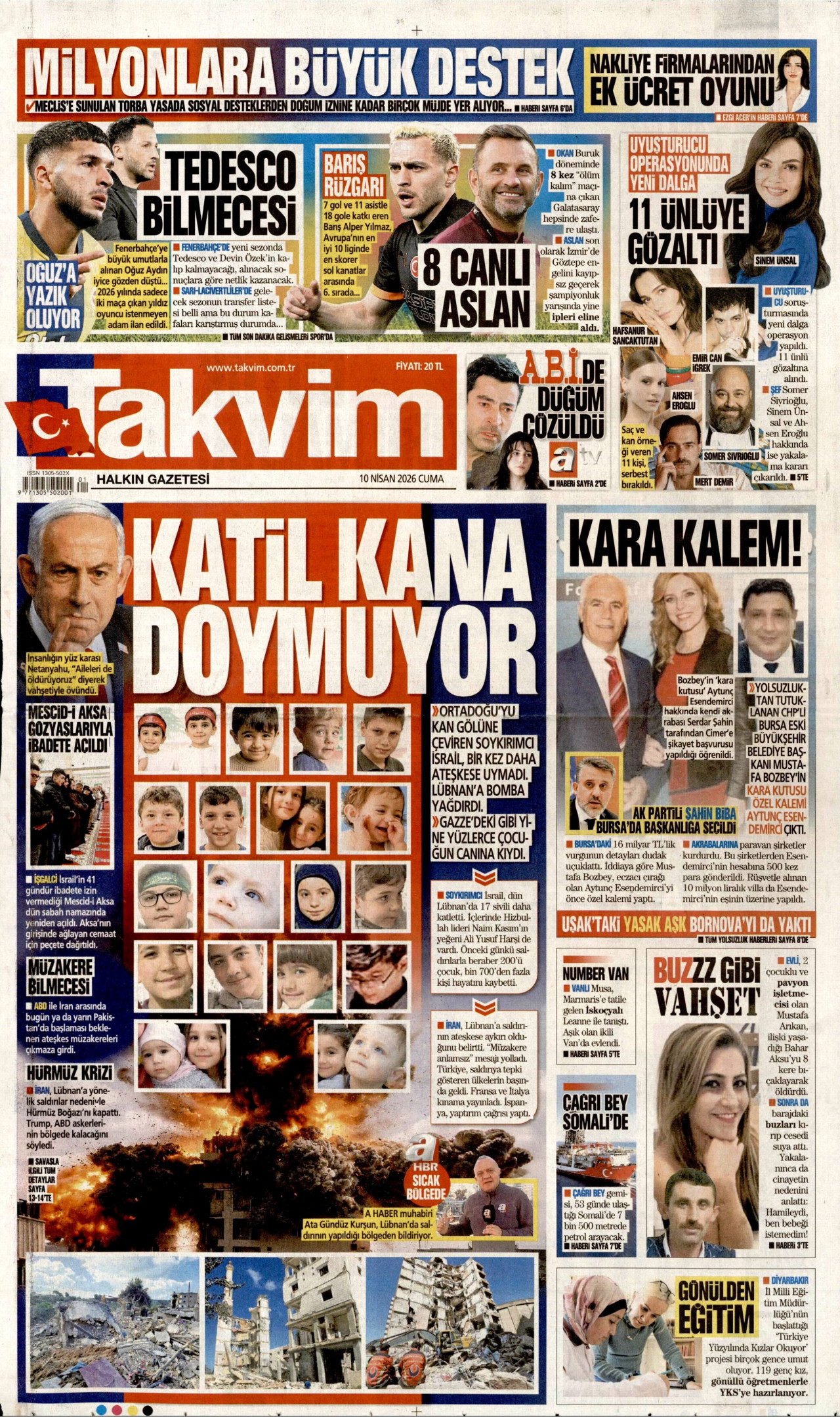 Takvim Gazetesi Manşeti - 10 Nisan 2026 Birinci Sayfa