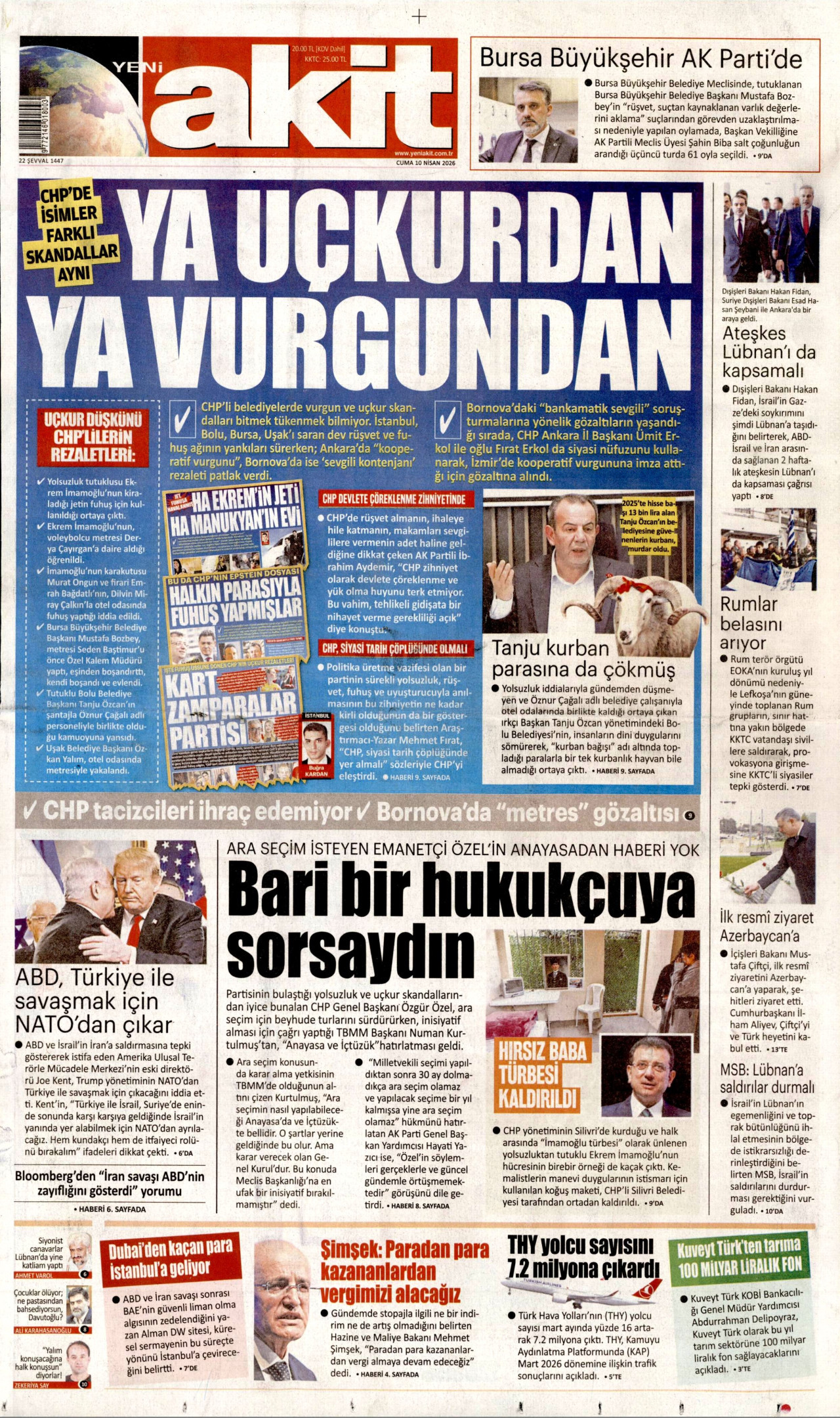 Yeni Akit Gazetesi Manşeti - 10 Nisan 2026 Birinci Sayfa