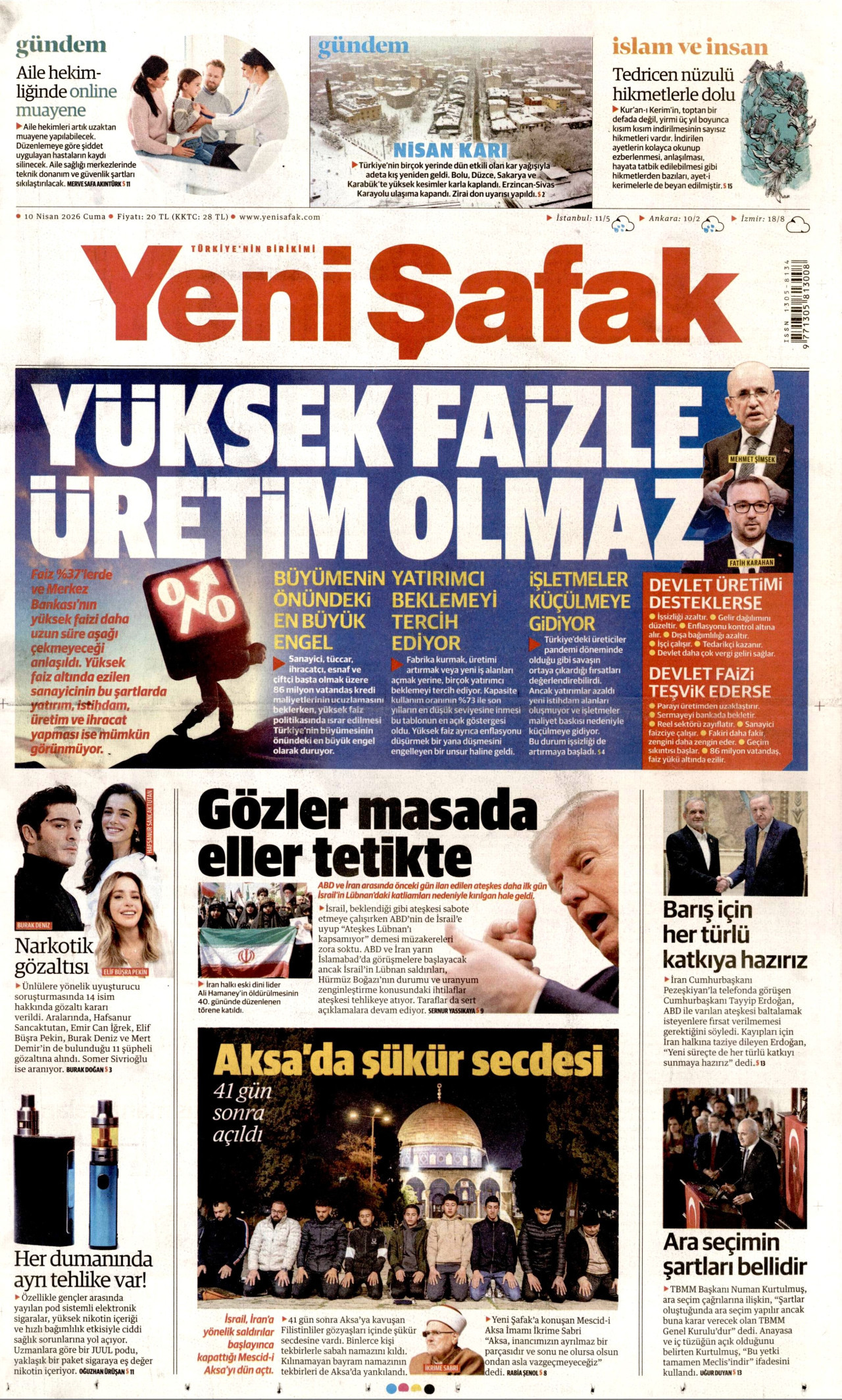Yeni Şafak Gazetesi Manşeti - 10.04.2026
