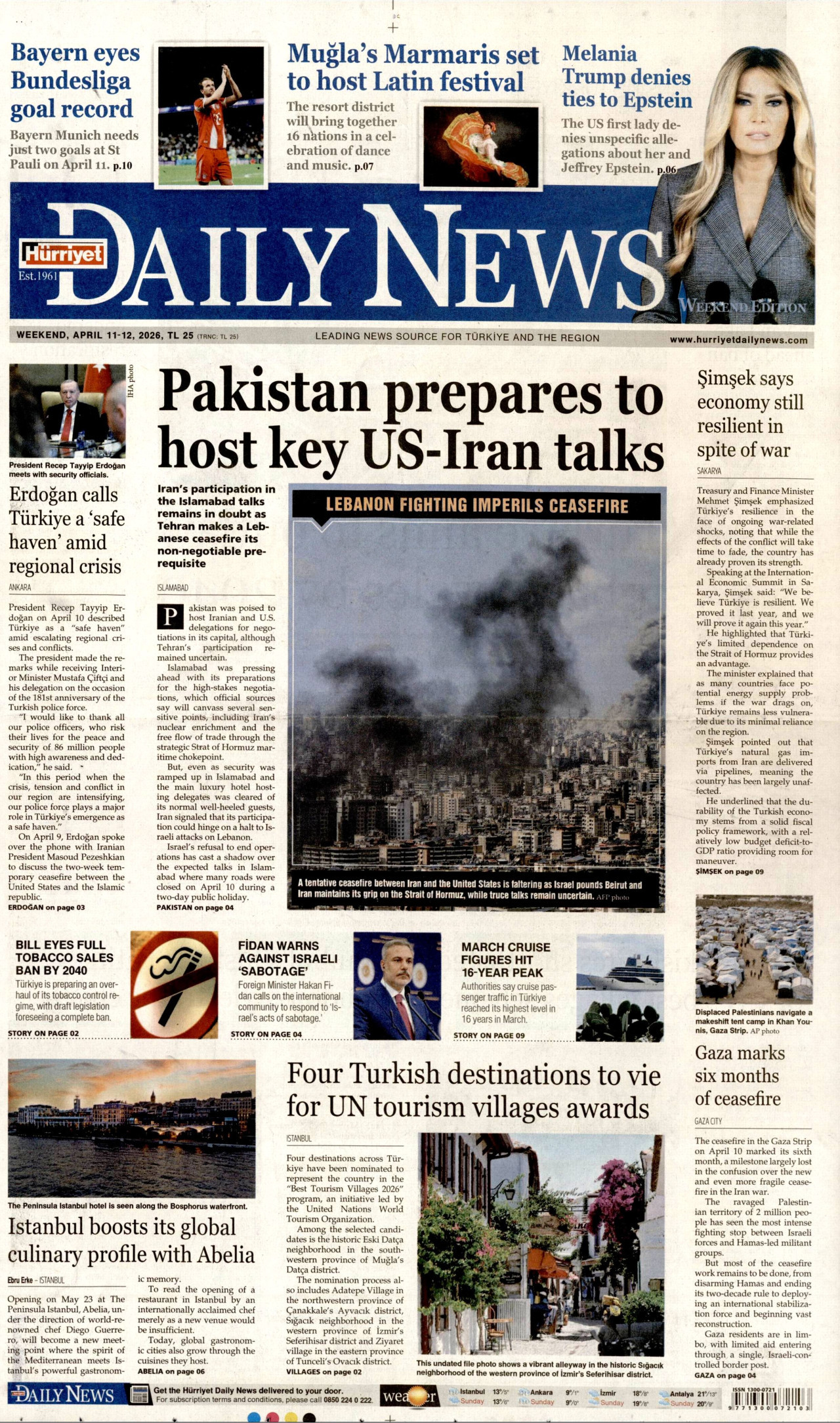 Hürriyet Daily News Gazetesi Manşeti - 11 Nisan 2026 Birinci Sayfa