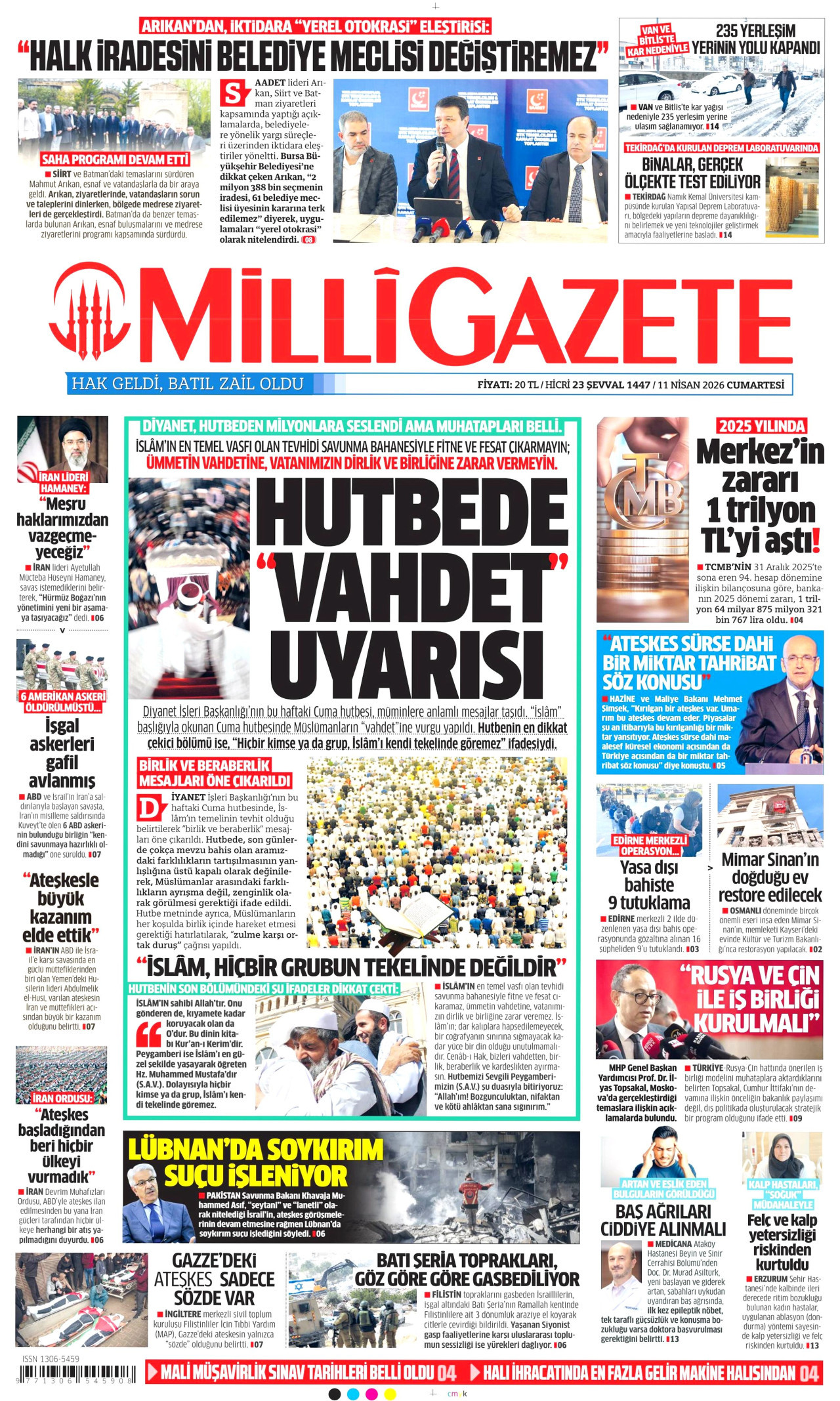 Milli Gazete Gazetesi Manşeti - 11 Nisan 2026 Birinci Sayfa