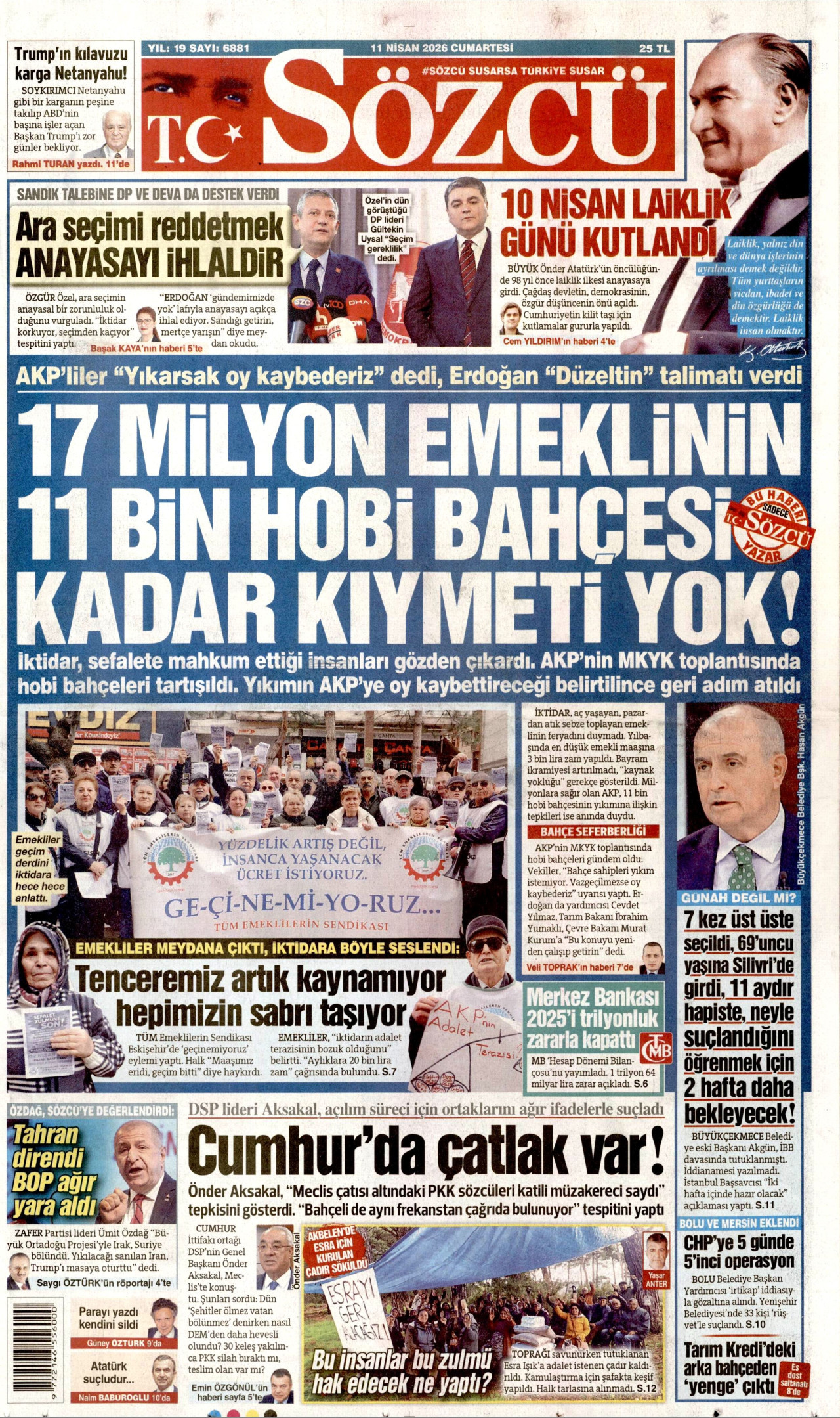 Sözcü Gazetesi Manşeti - 11 Nisan 2026 Birinci Sayfa