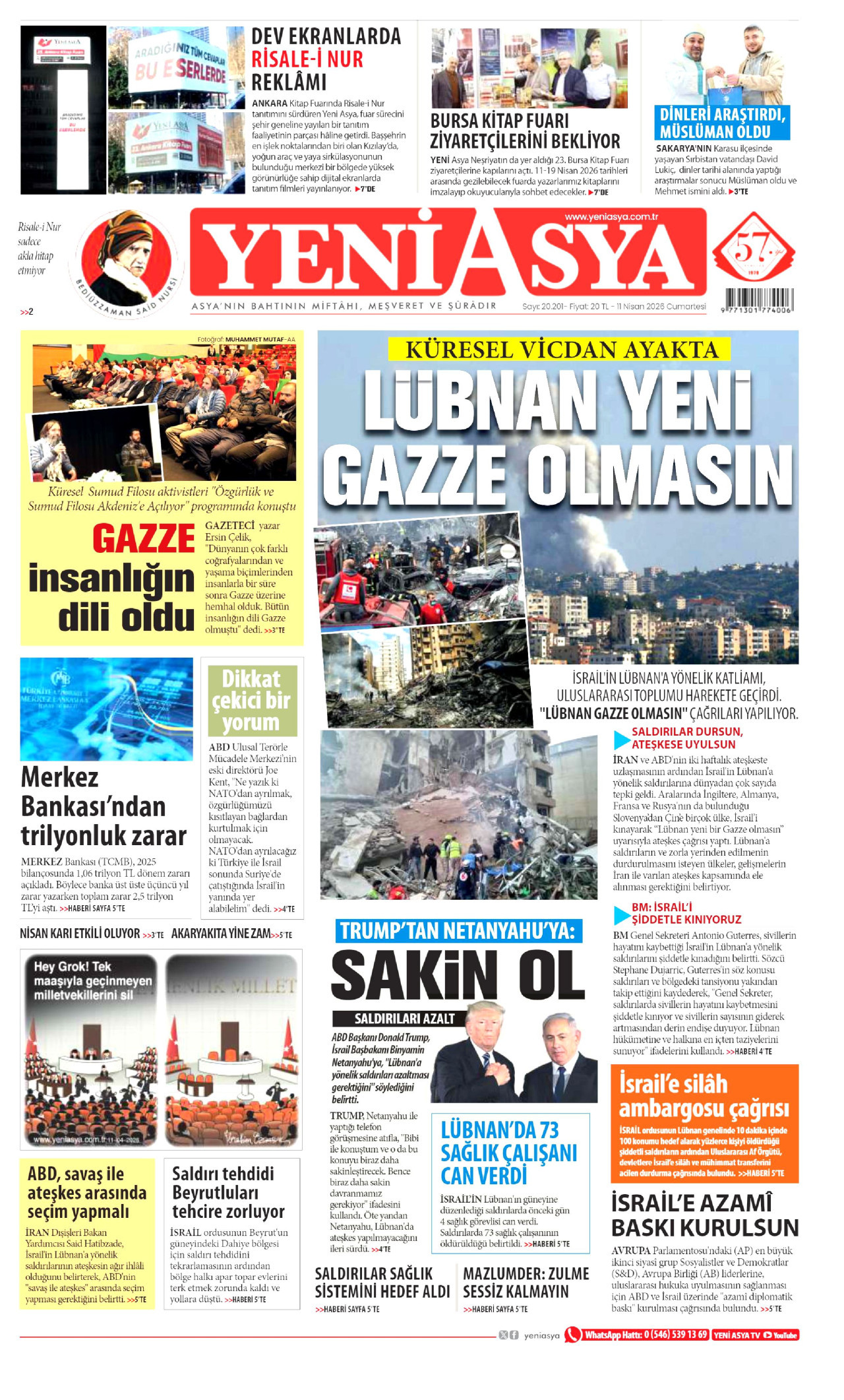 Yeni Asya Gazetesi Manşeti - 11 Nisan 2026 Birinci Sayfa