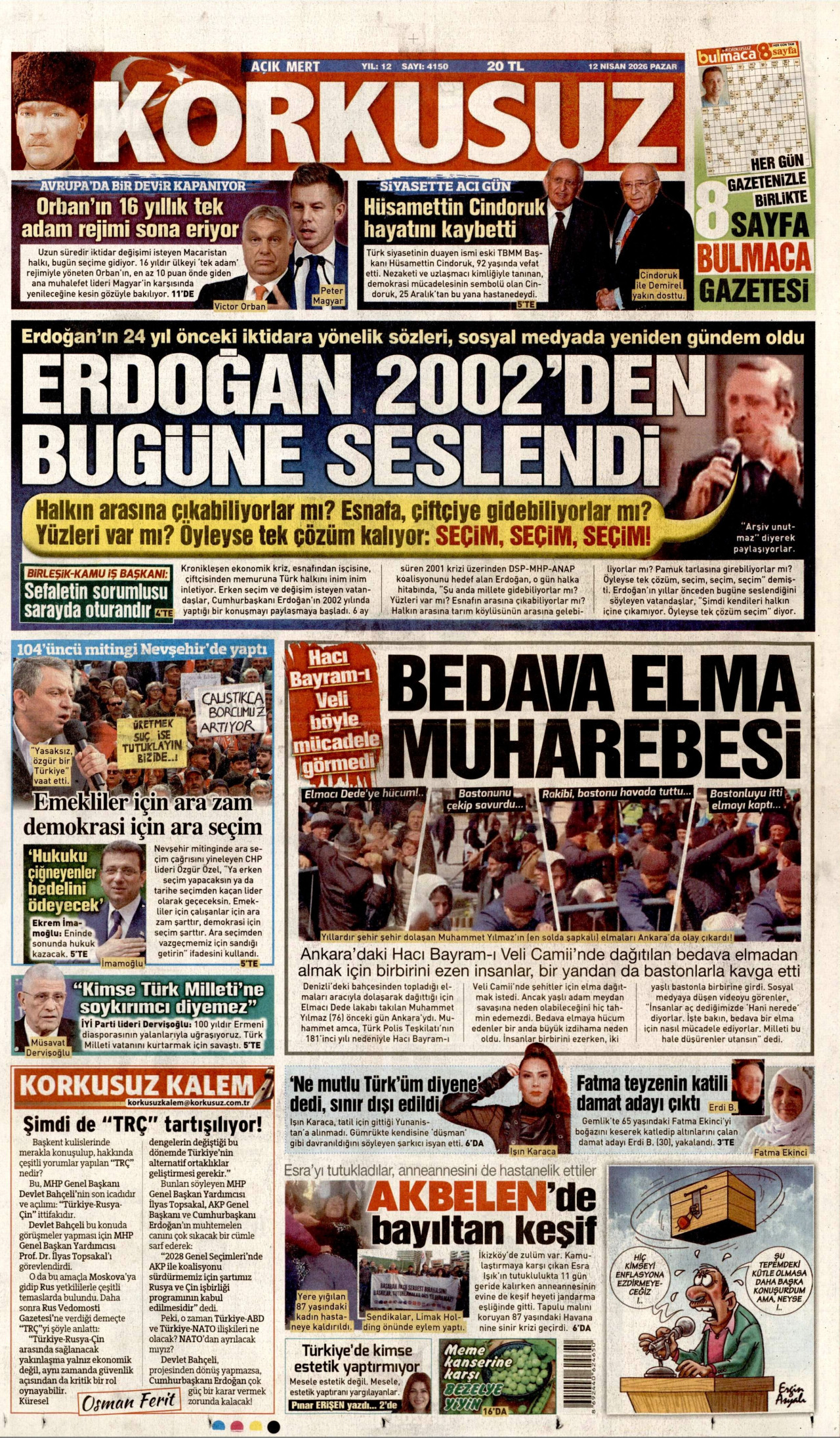 Korkusuz Gazetesi Manşeti - 12 Nisan 2026 Birinci Sayfa