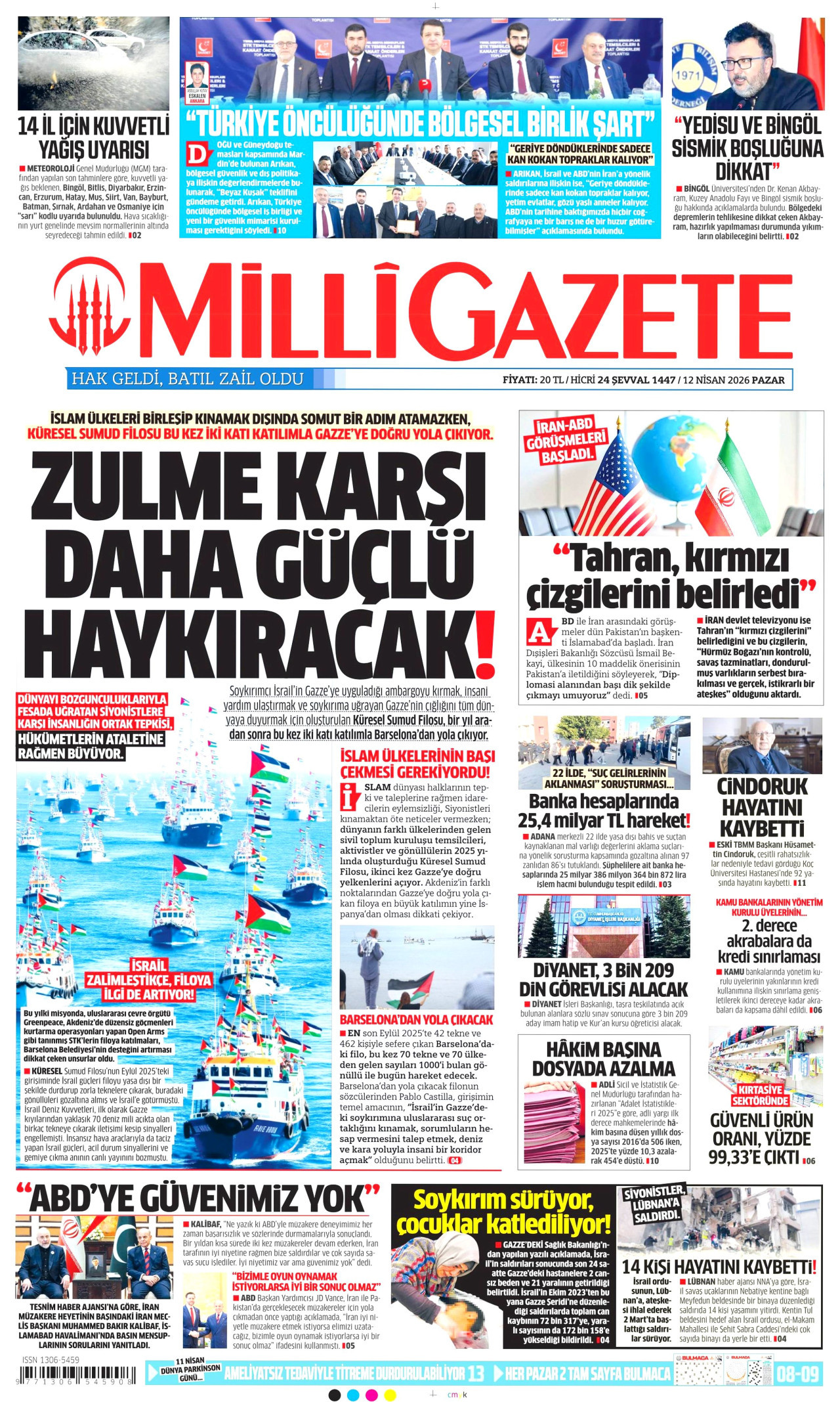 Milli Gazete Gazetesi Manşeti - 12 Nisan 2026 Birinci Sayfa