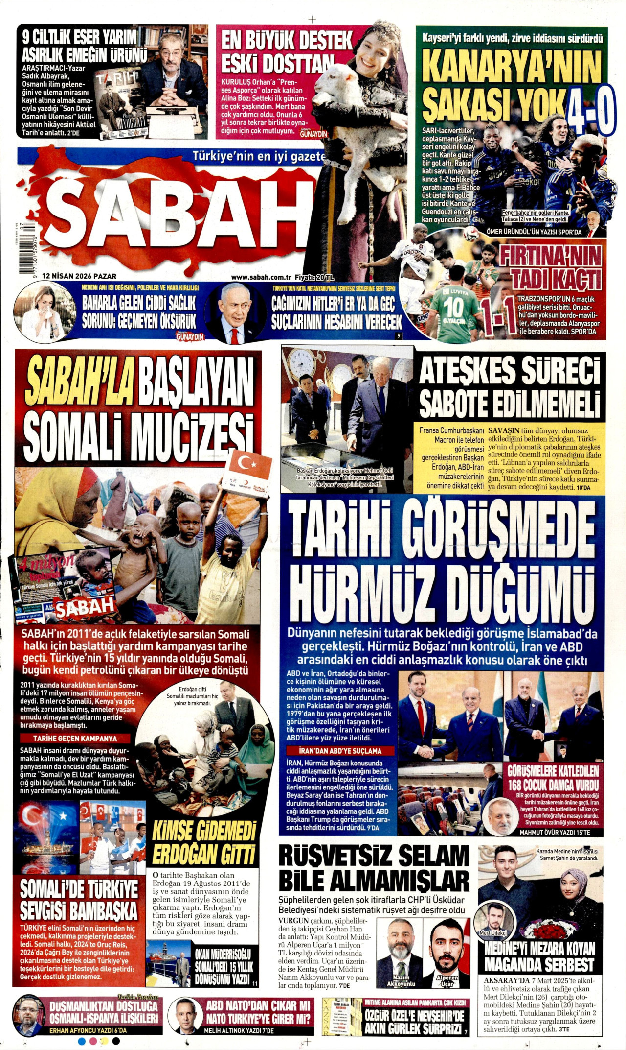 Sabah Gazetesi Manşeti - 12 Nisan 2026 Birinci Sayfa