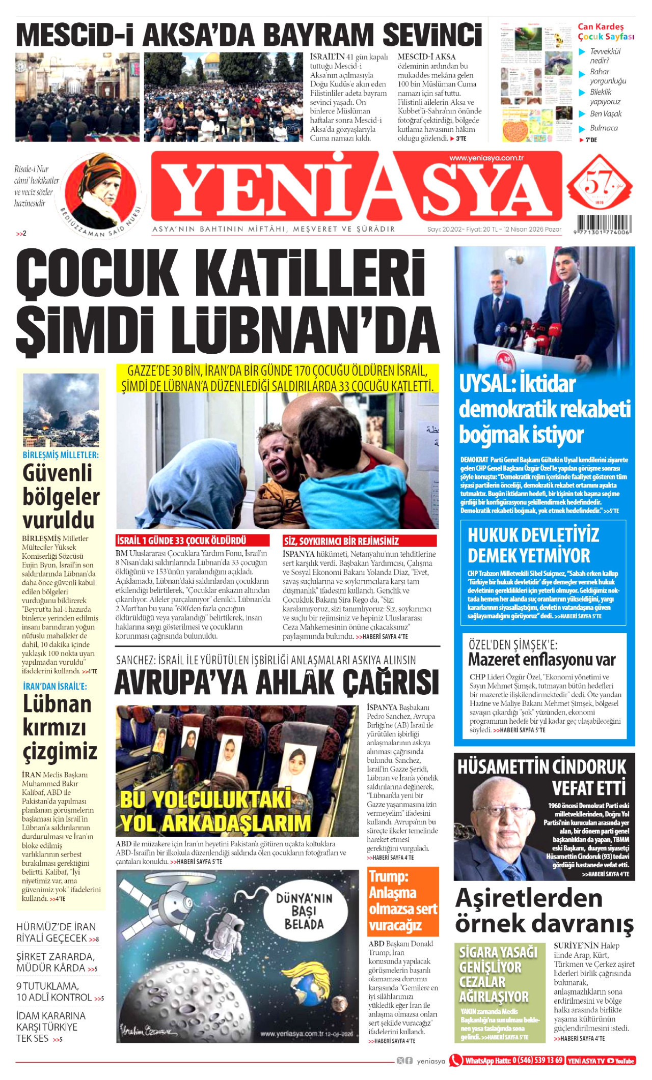 Yeni Asya Gazetesi Manşeti - 12 Nisan 2026 Birinci Sayfa