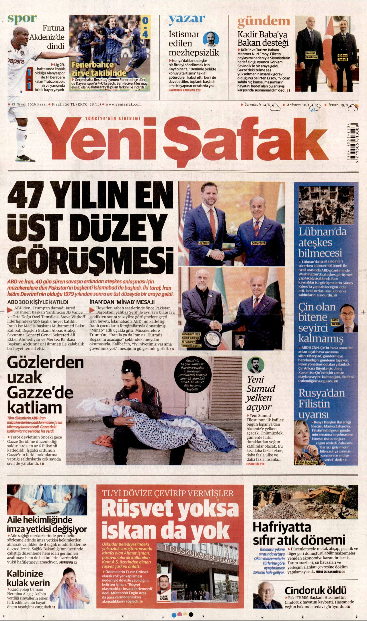 Yeni Şafak Gazetesi Manşeti - 12 Nisan 2026 Birinci Sayfa