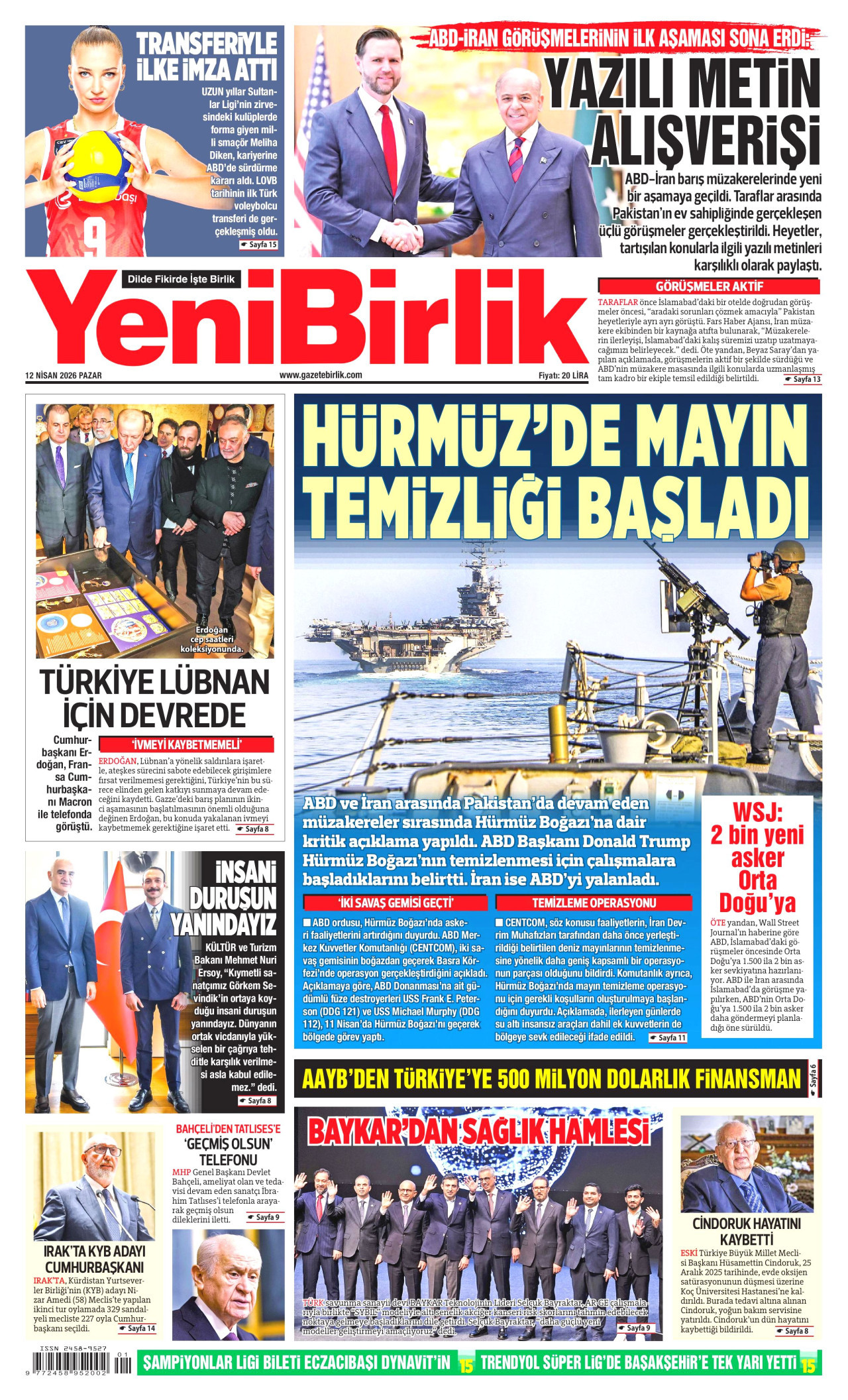 YeniBirlik Gazetesi Manşeti - 12 Nisan 2026 Birinci Sayfa