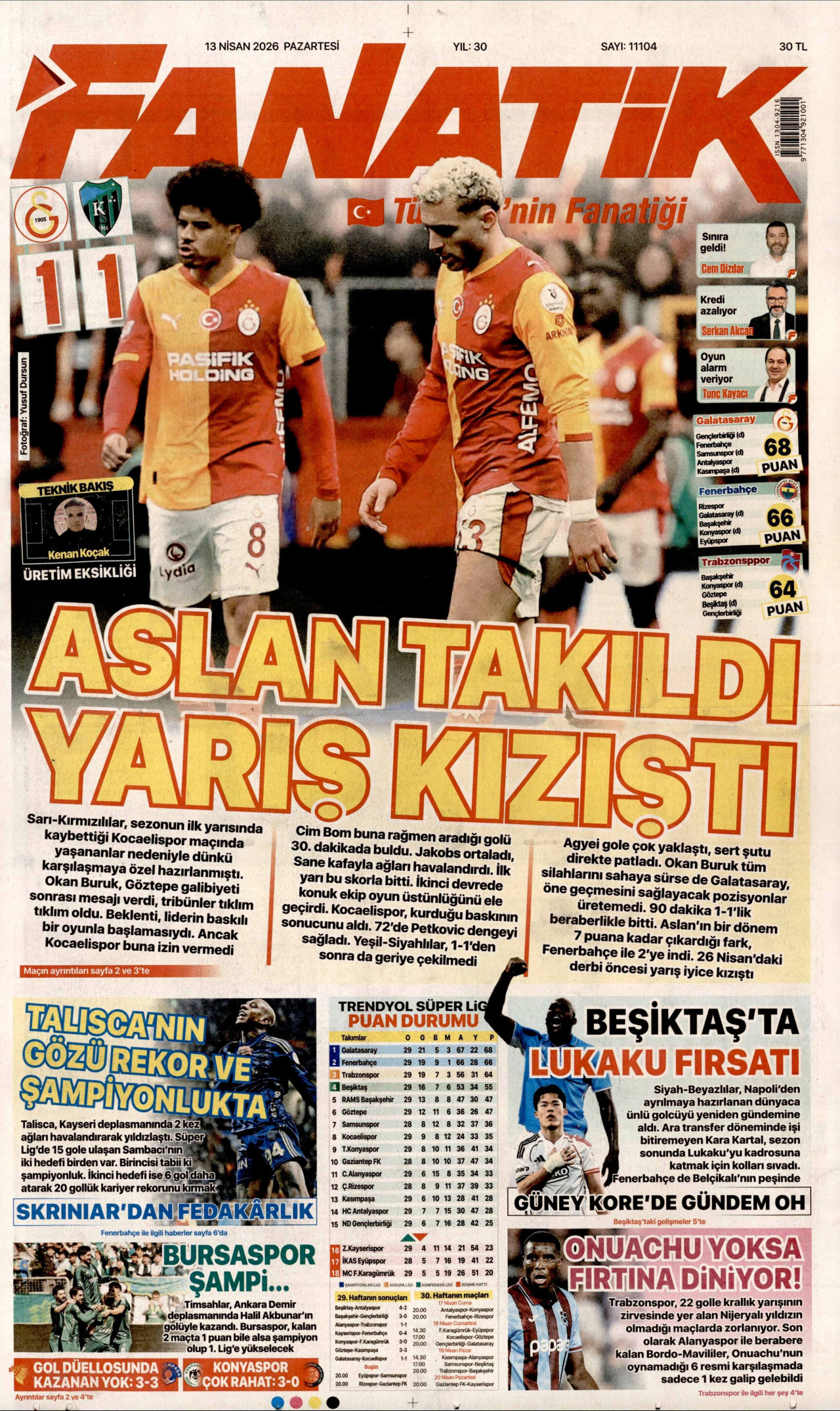 Fanatik Gazetesi Manşeti - 13.04.2026