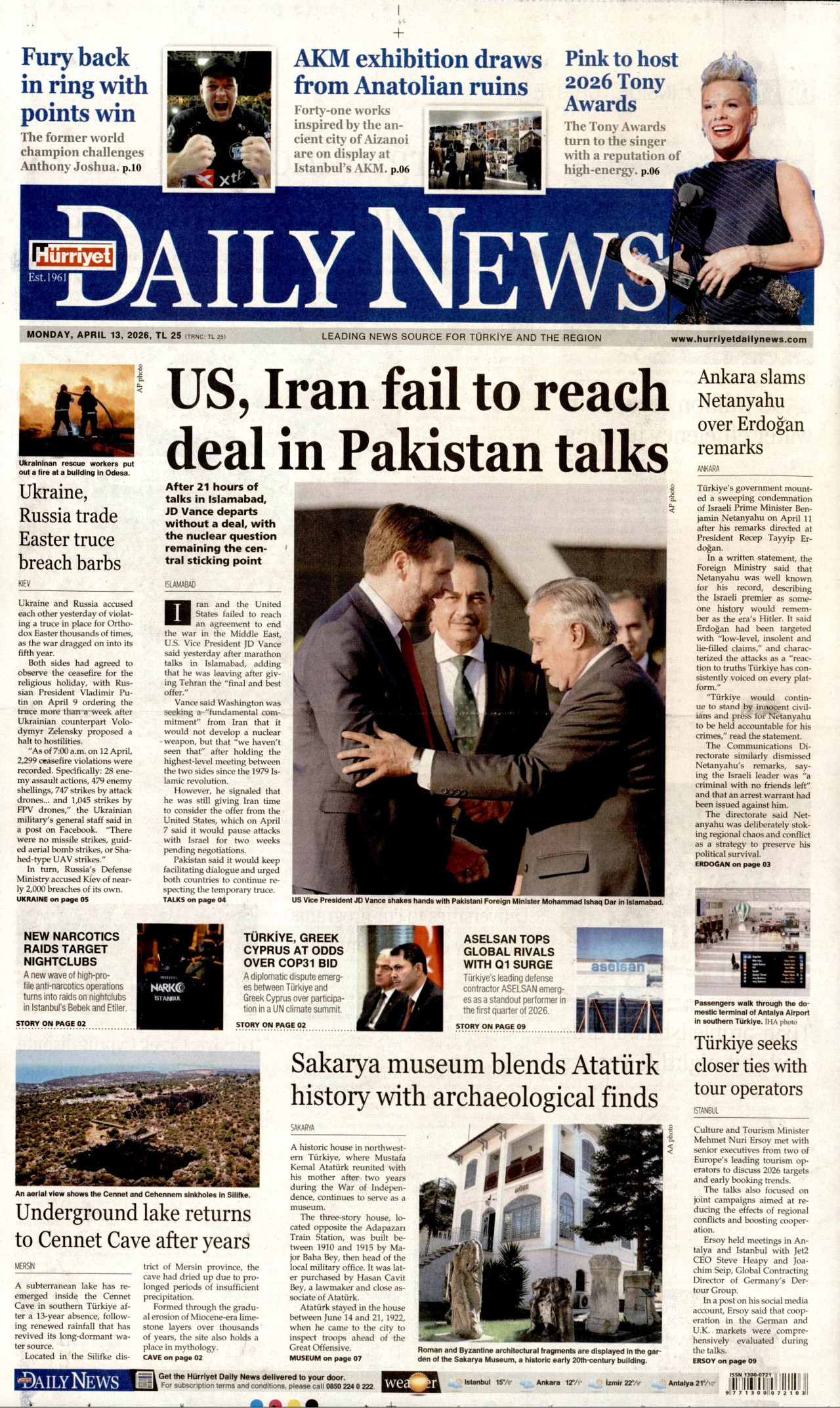 Hürriyet Daily News Gazetesi Manşeti - 13.04.2026