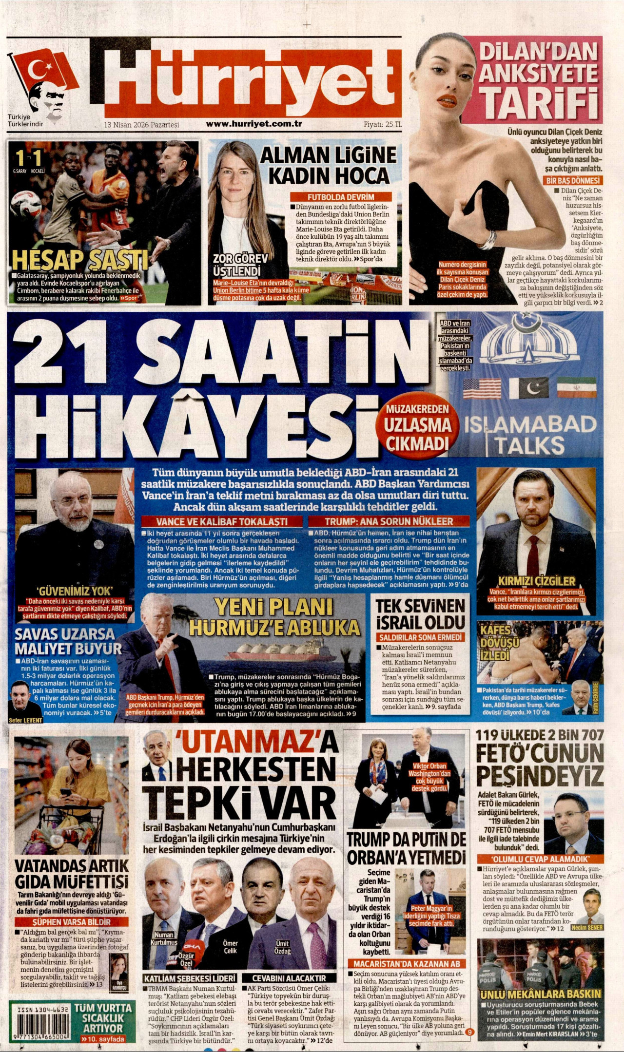 Hürriyet Gazetesi Manşeti - 13 Nisan 2026 Birinci Sayfa