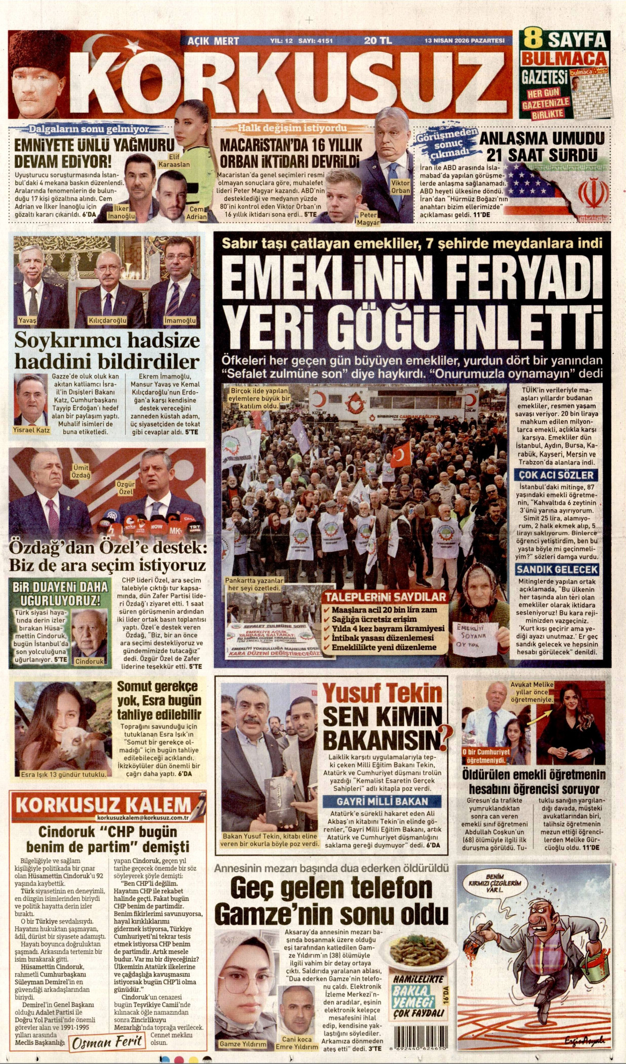 Korkusuz Gazetesi Manşeti - 13 Nisan 2026 Birinci Sayfa