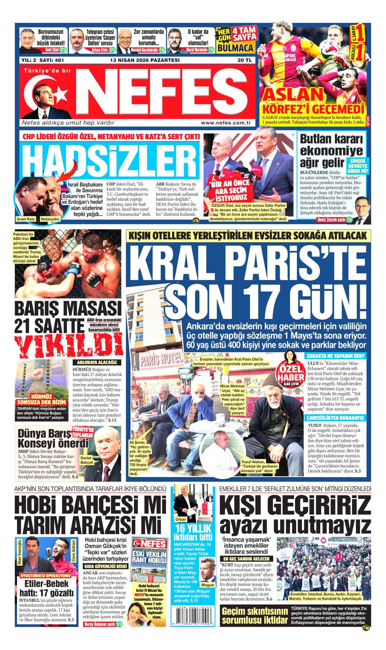 Nefes Gazetesi Manşeti - 13 Nisan 2026 Birinci Sayfa