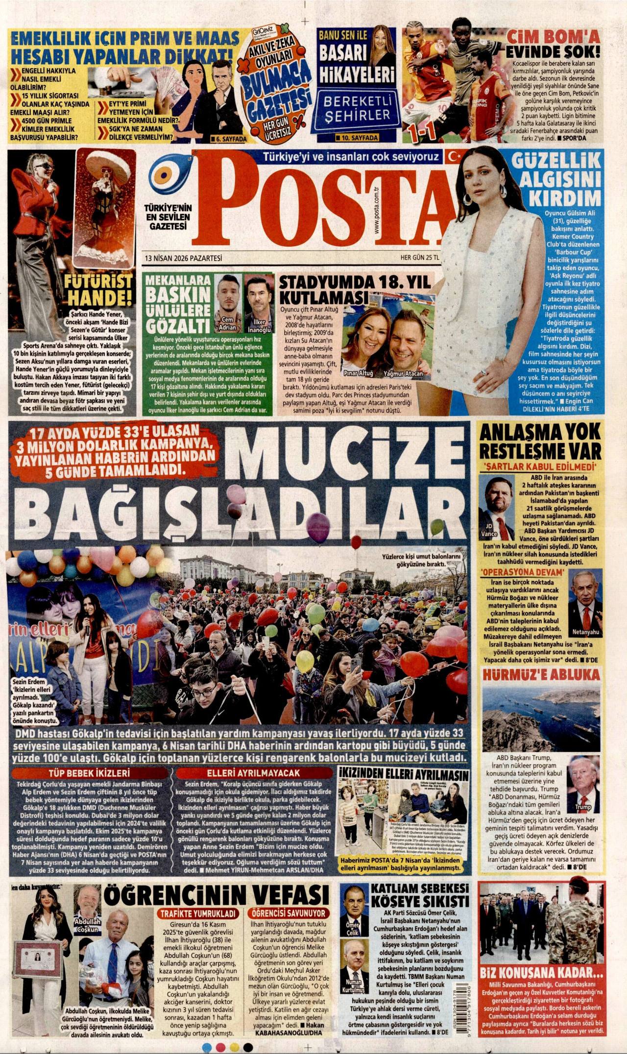 Posta Gazetesi Manşeti - 13 Nisan 2026 Birinci Sayfa