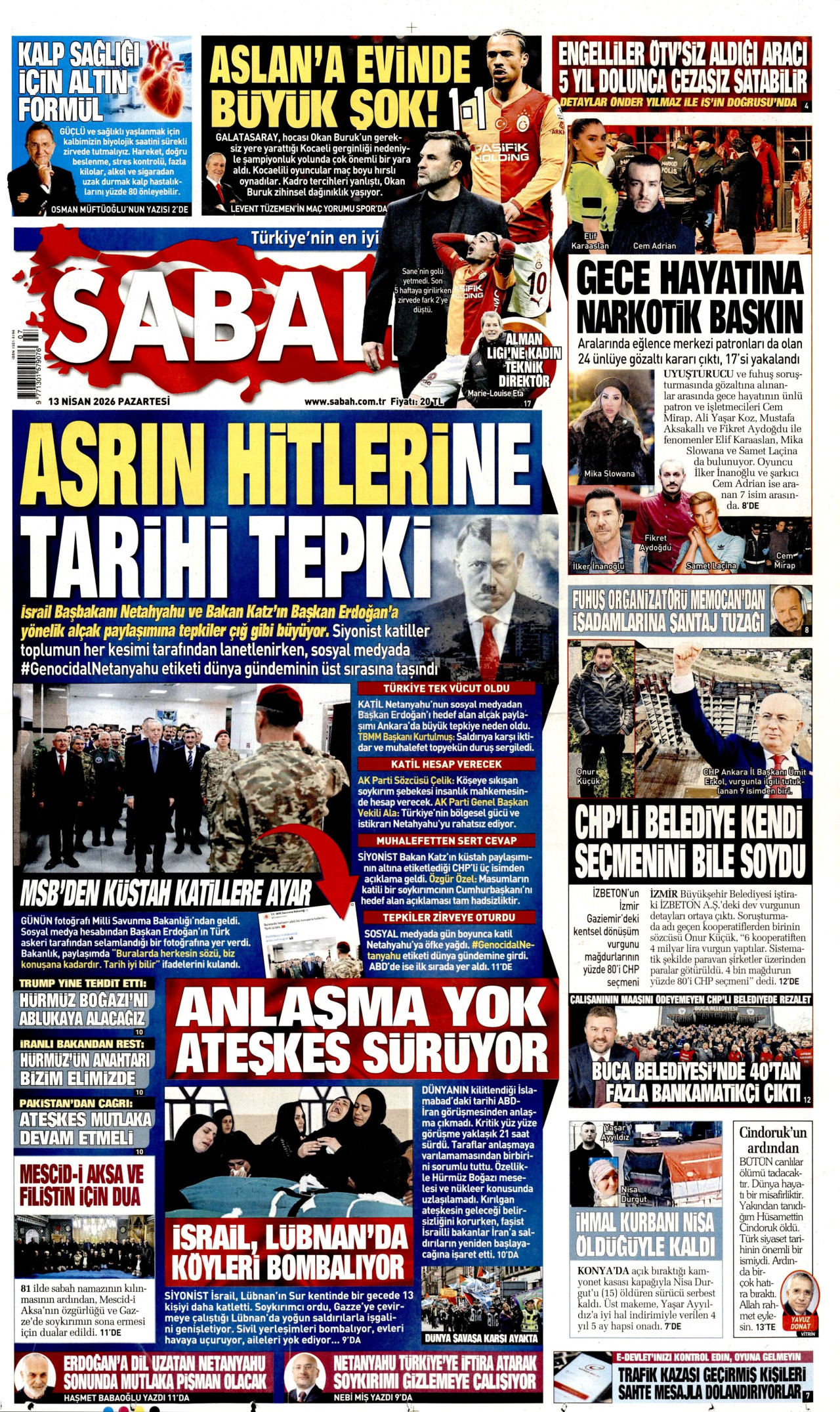 Sabah Gazetesi Manşeti - 13 Nisan 2026 Birinci Sayfa