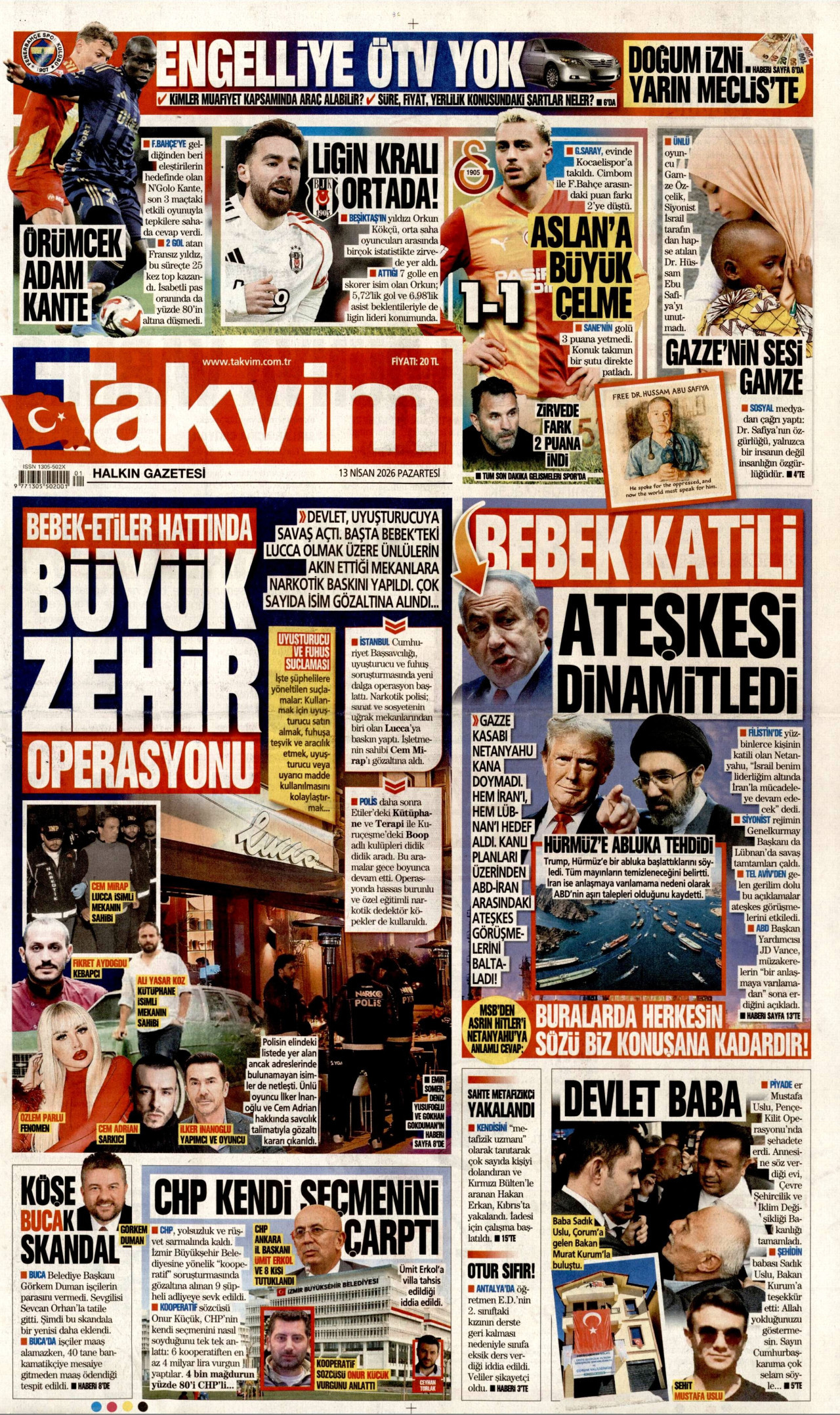 Takvim Gazetesi Manşeti - 13 Nisan 2026 Birinci Sayfa