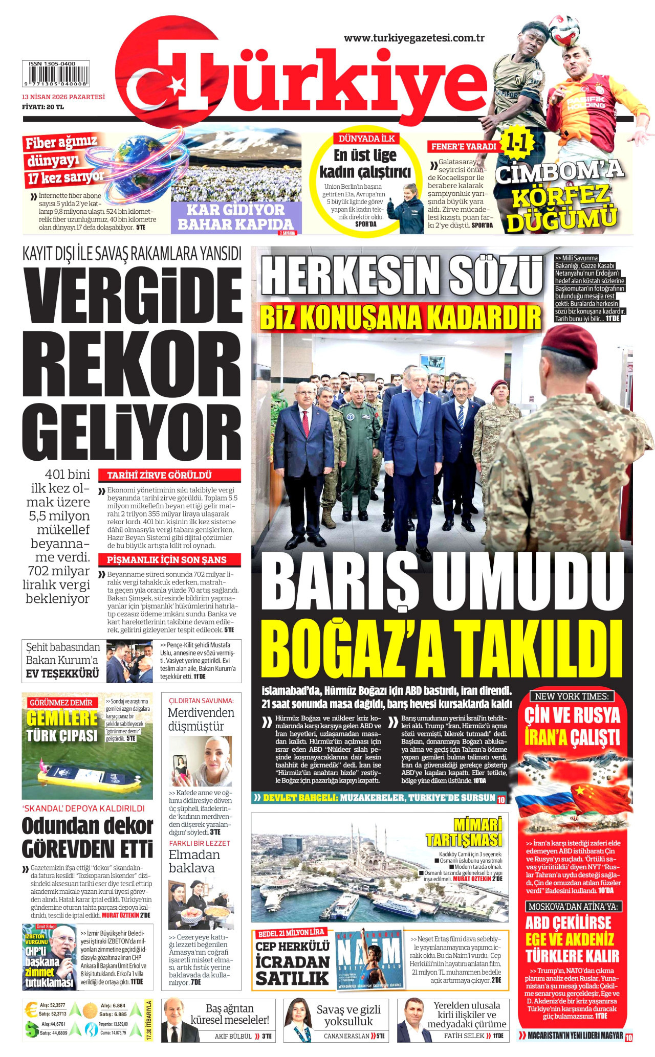 Türkiye Gazetesi Gazetesi Manşeti - 13 Nisan 2026 Birinci Sayfa