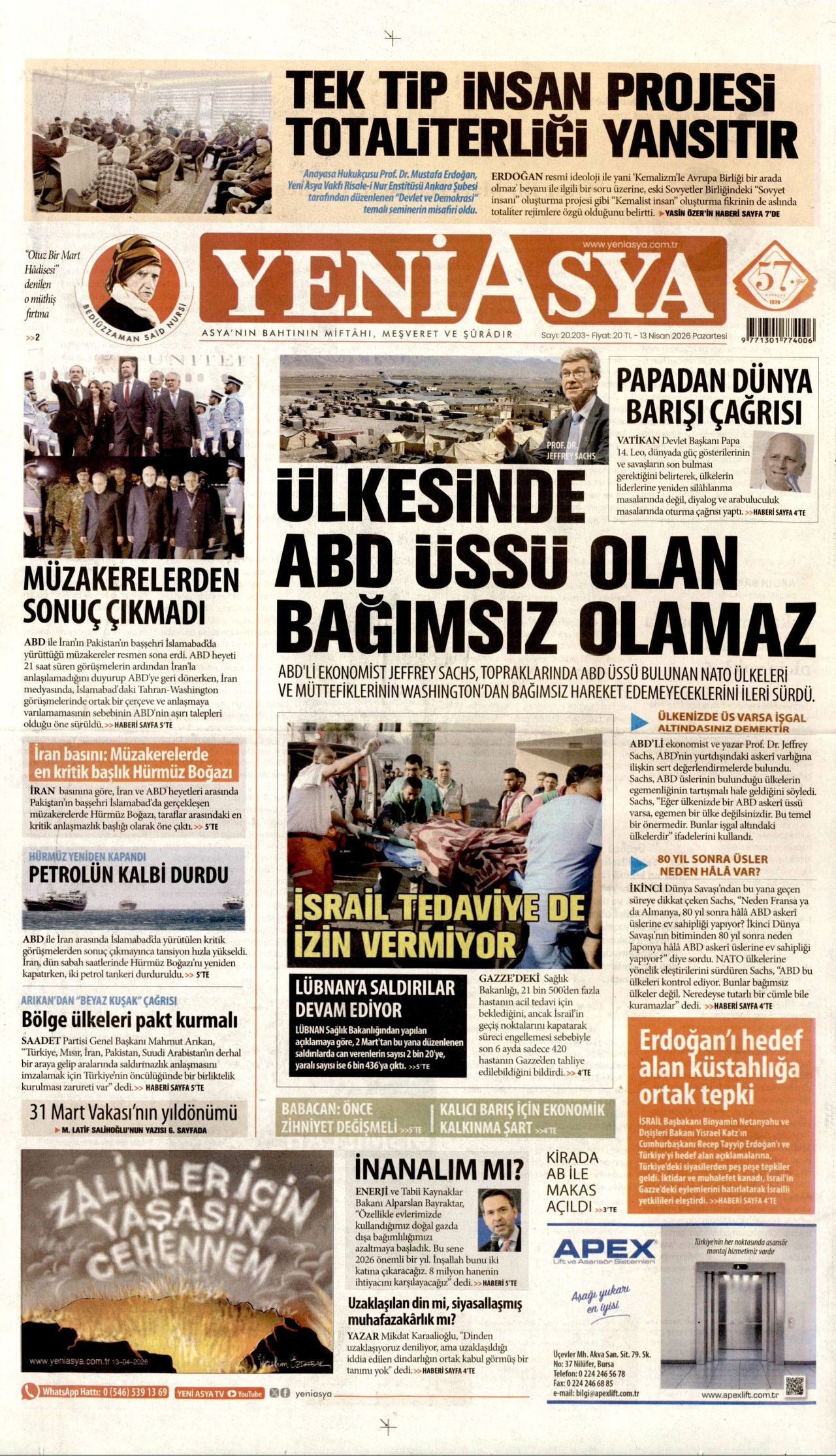 Yeni Asya Gazetesi Manşeti - 13 Nisan 2026 Birinci Sayfa