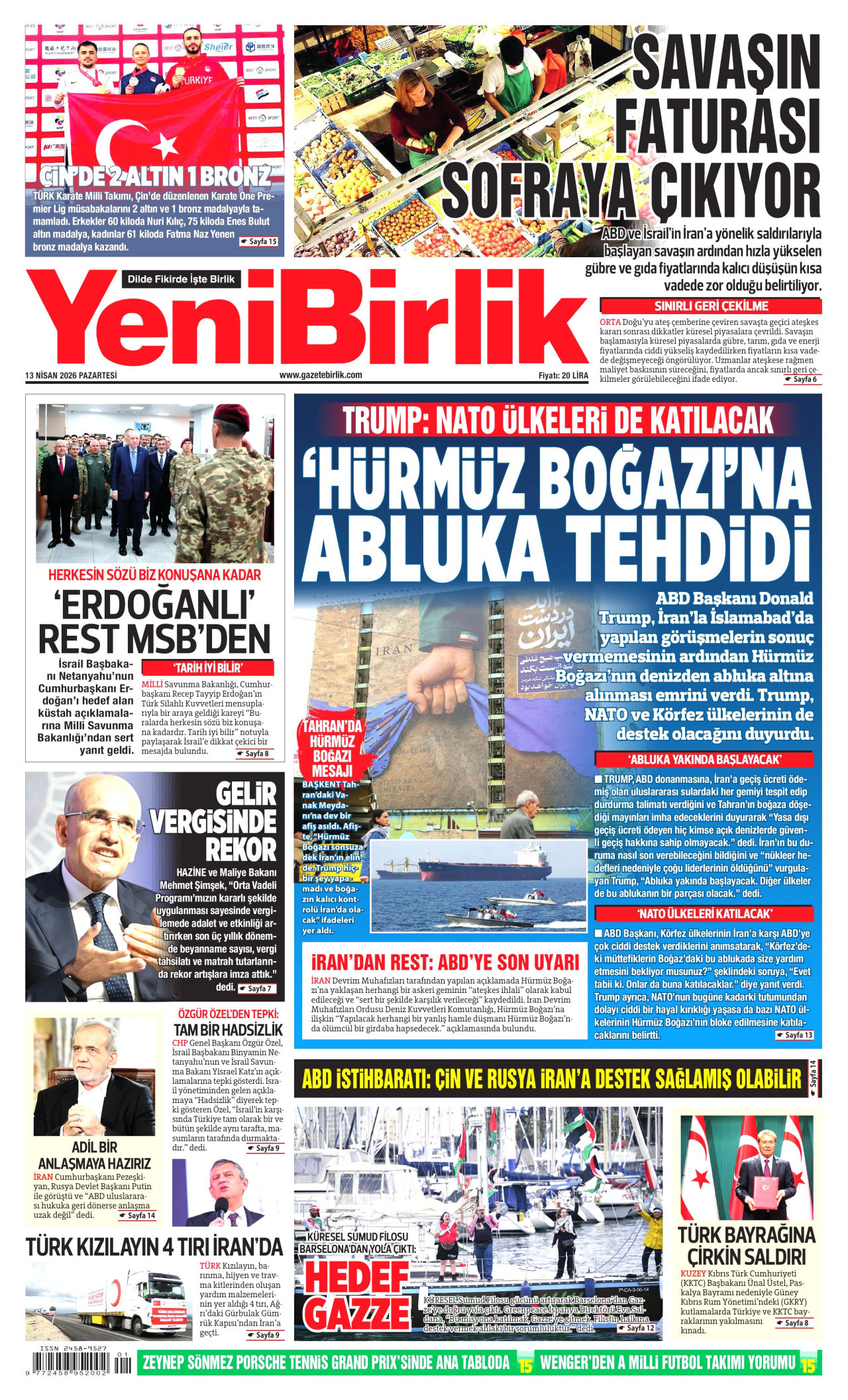 YeniBirlik Gazetesi Manşeti - 13 Nisan 2026 Birinci Sayfa