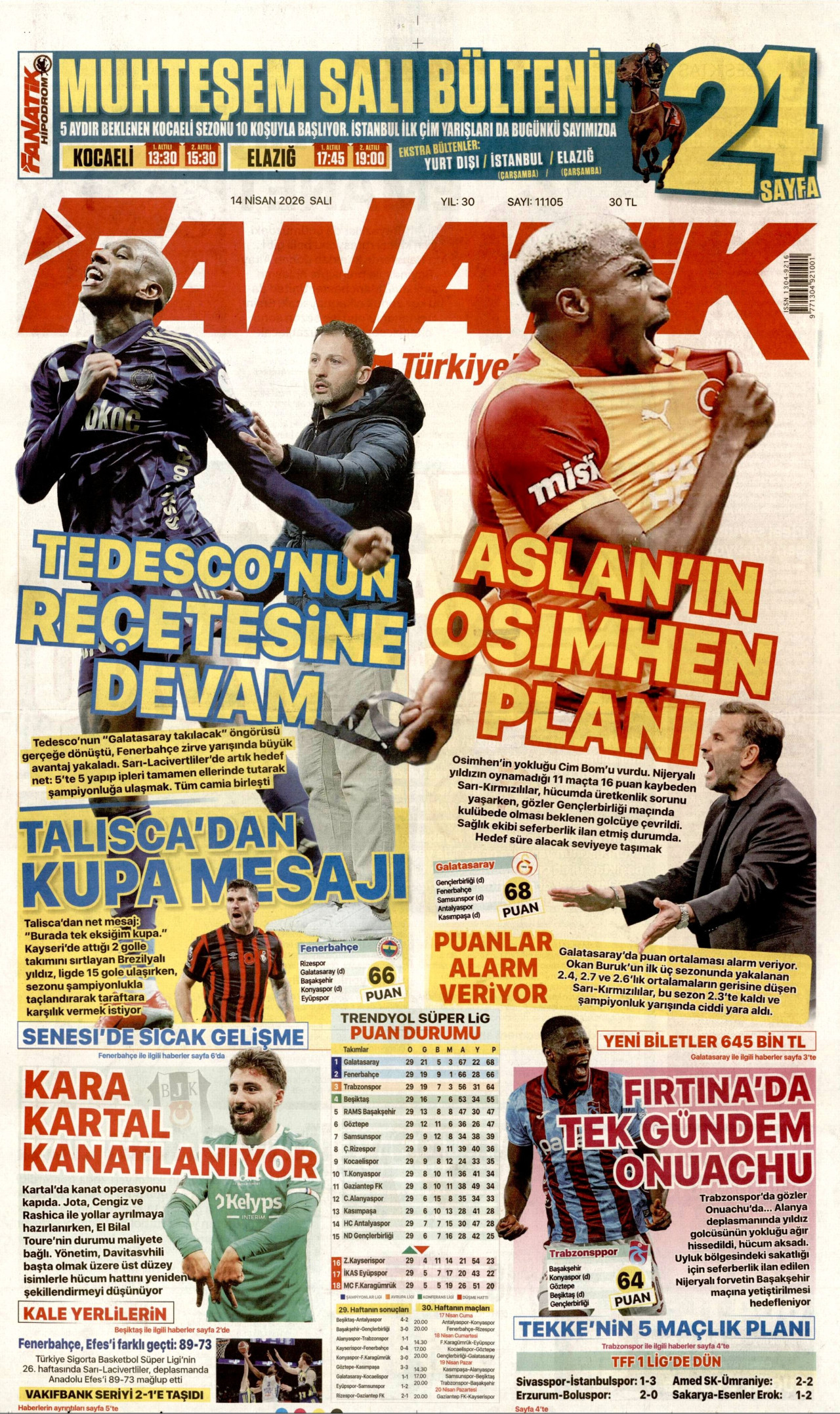 Fanatik Gazetesi Manşeti - 14 Nisan 2026 Birinci Sayfa