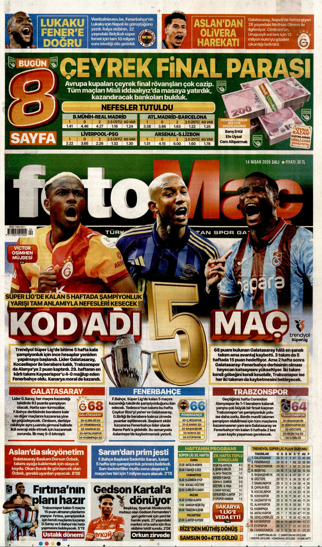 Fotomaç Gazetesi Manşeti - 14.04.2026