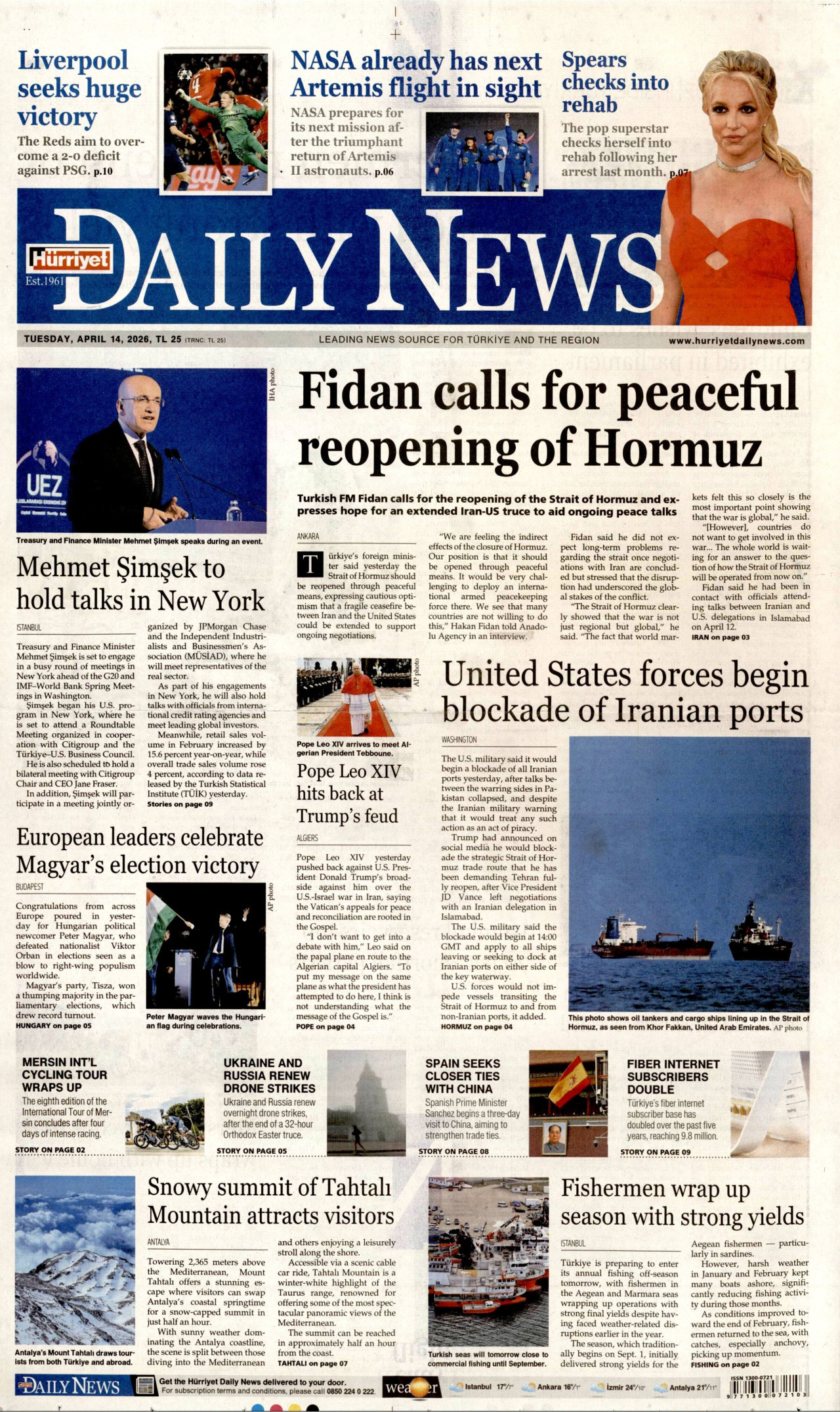 Hürriyet Daily News Gazetesi Manşeti - 14 Nisan 2026 Birinci Sayfa