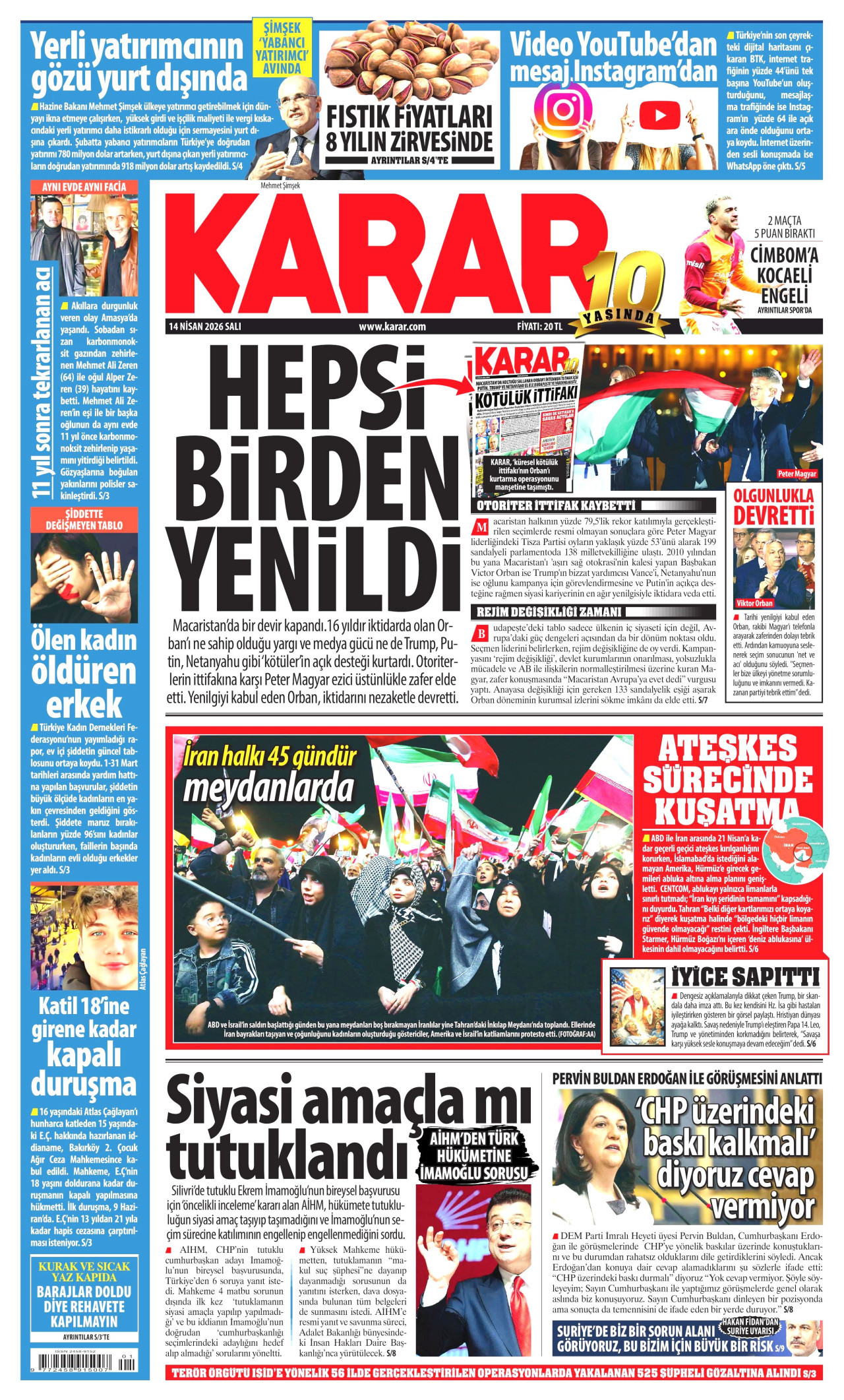 Karar Gazetesi Manşeti - 14 Nisan 2026 Birinci Sayfa