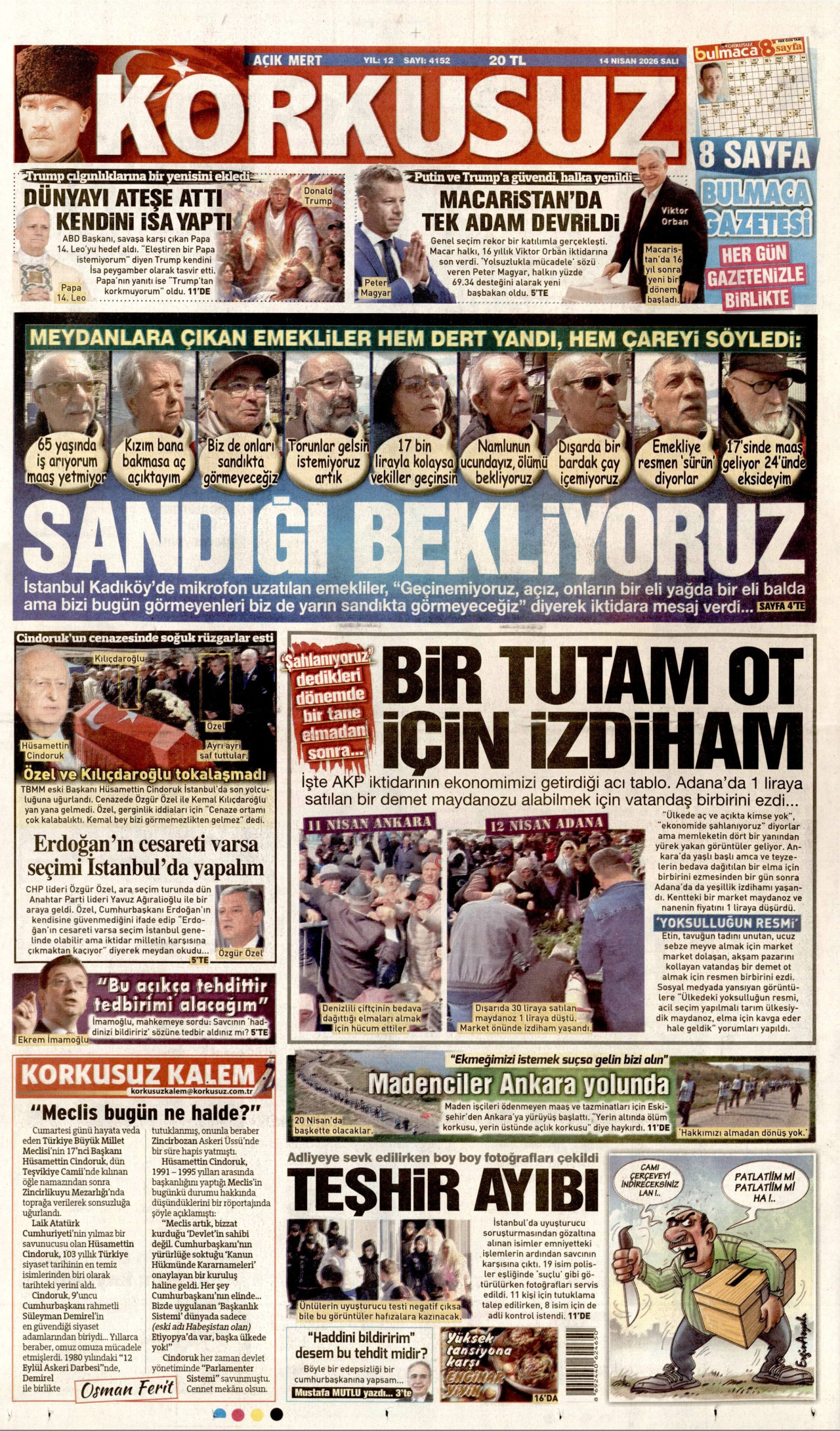 Korkusuz Gazetesi Manşeti - 14 Nisan 2026 Birinci Sayfa