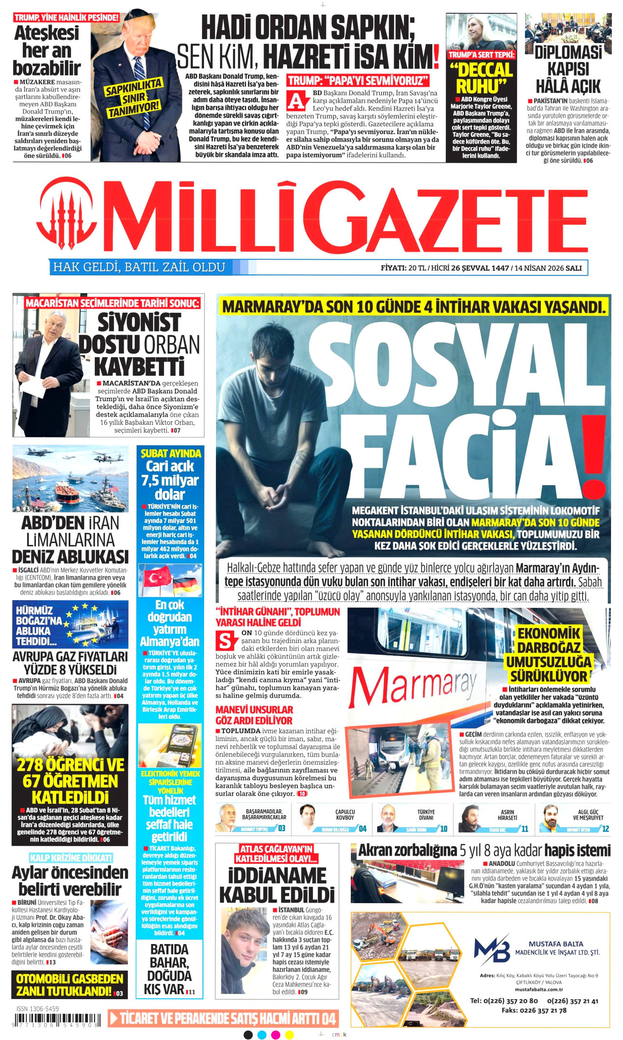 Milli Gazete Gazetesi Manşeti - 14 Nisan 2026 Birinci Sayfa