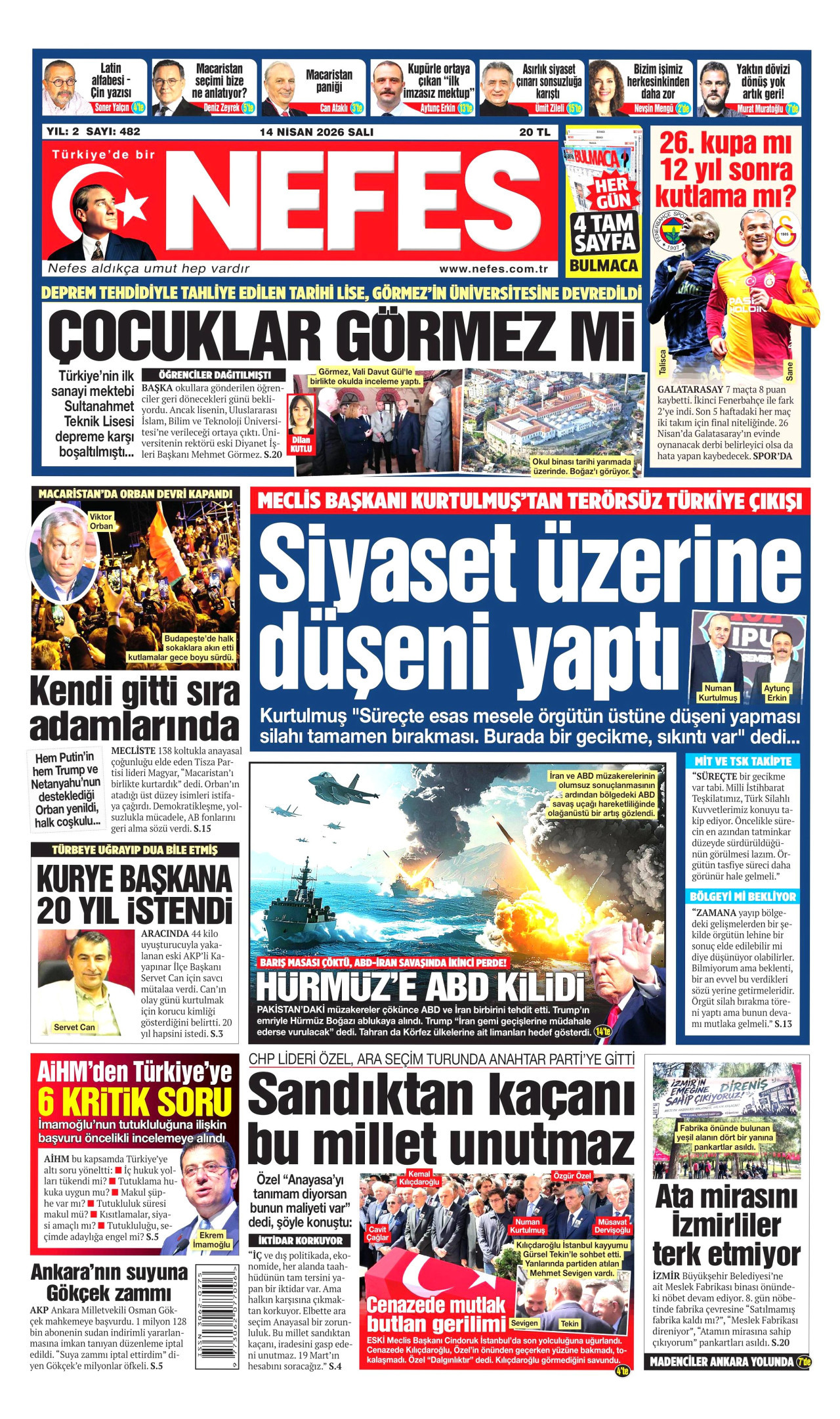 Nefes Gazetesi Manşeti - 14 Nisan 2026 Birinci Sayfa