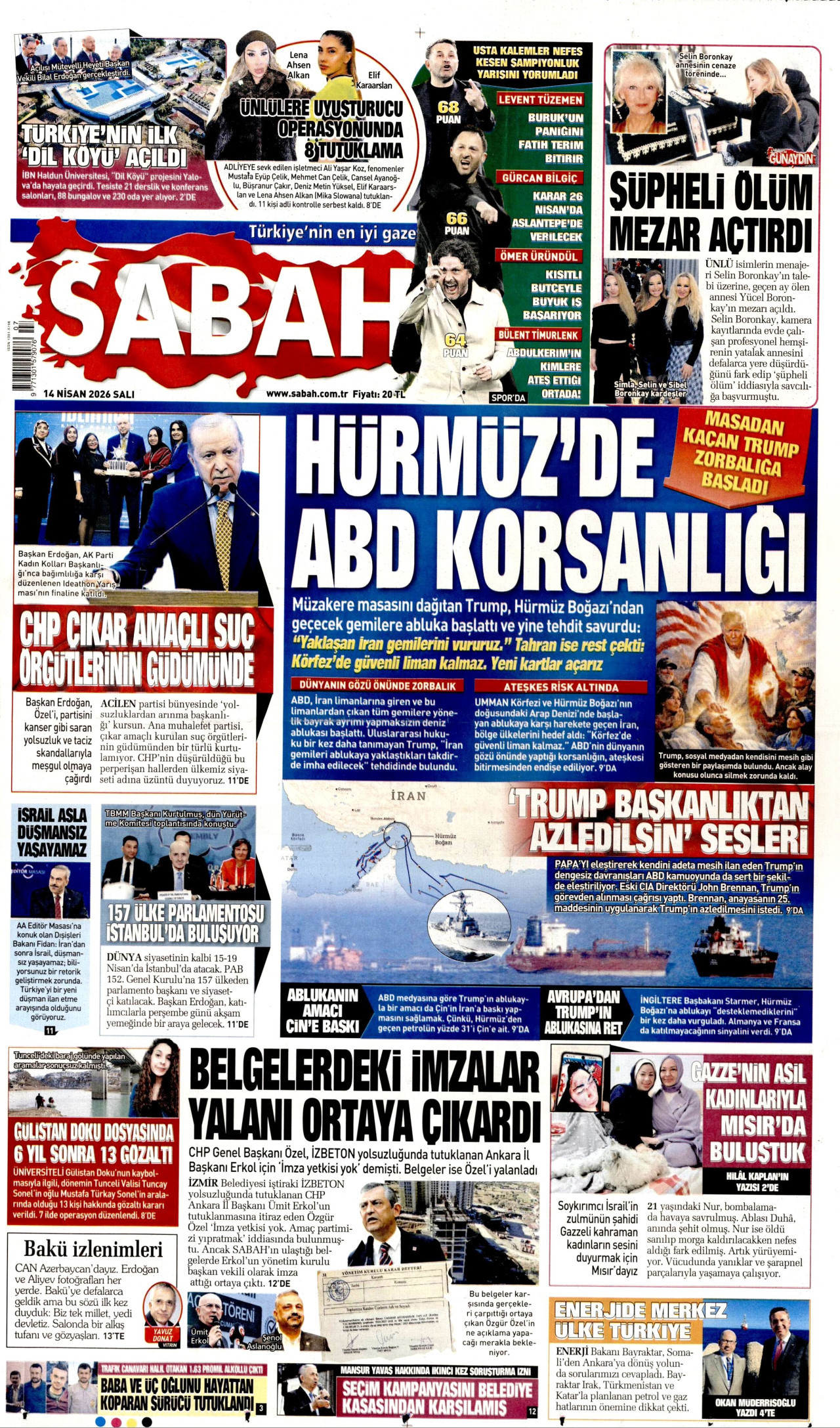 Sabah Gazetesi Manşeti - 14 Nisan 2026 Birinci Sayfa