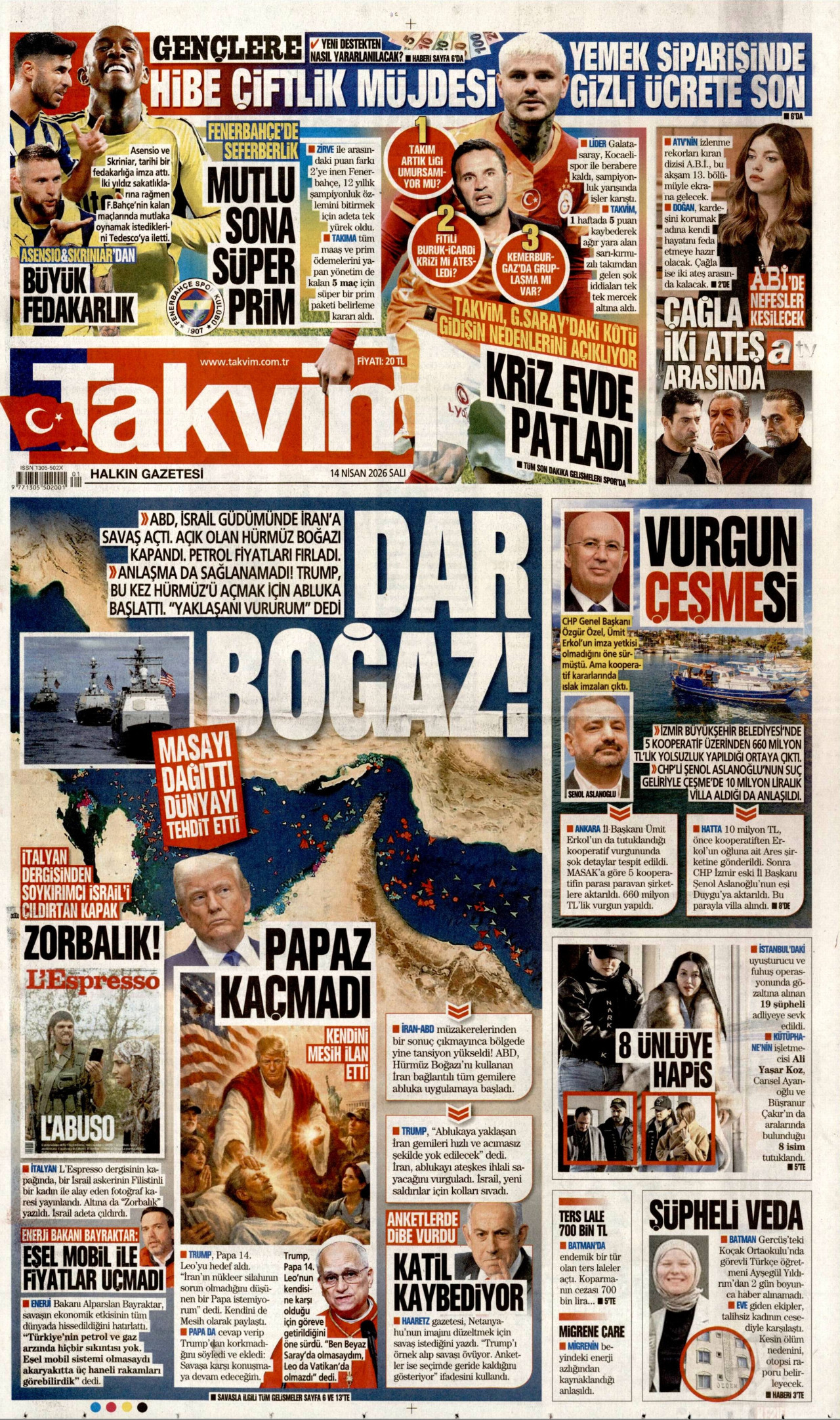 Takvim Gazetesi Manşeti - 14.04.2026