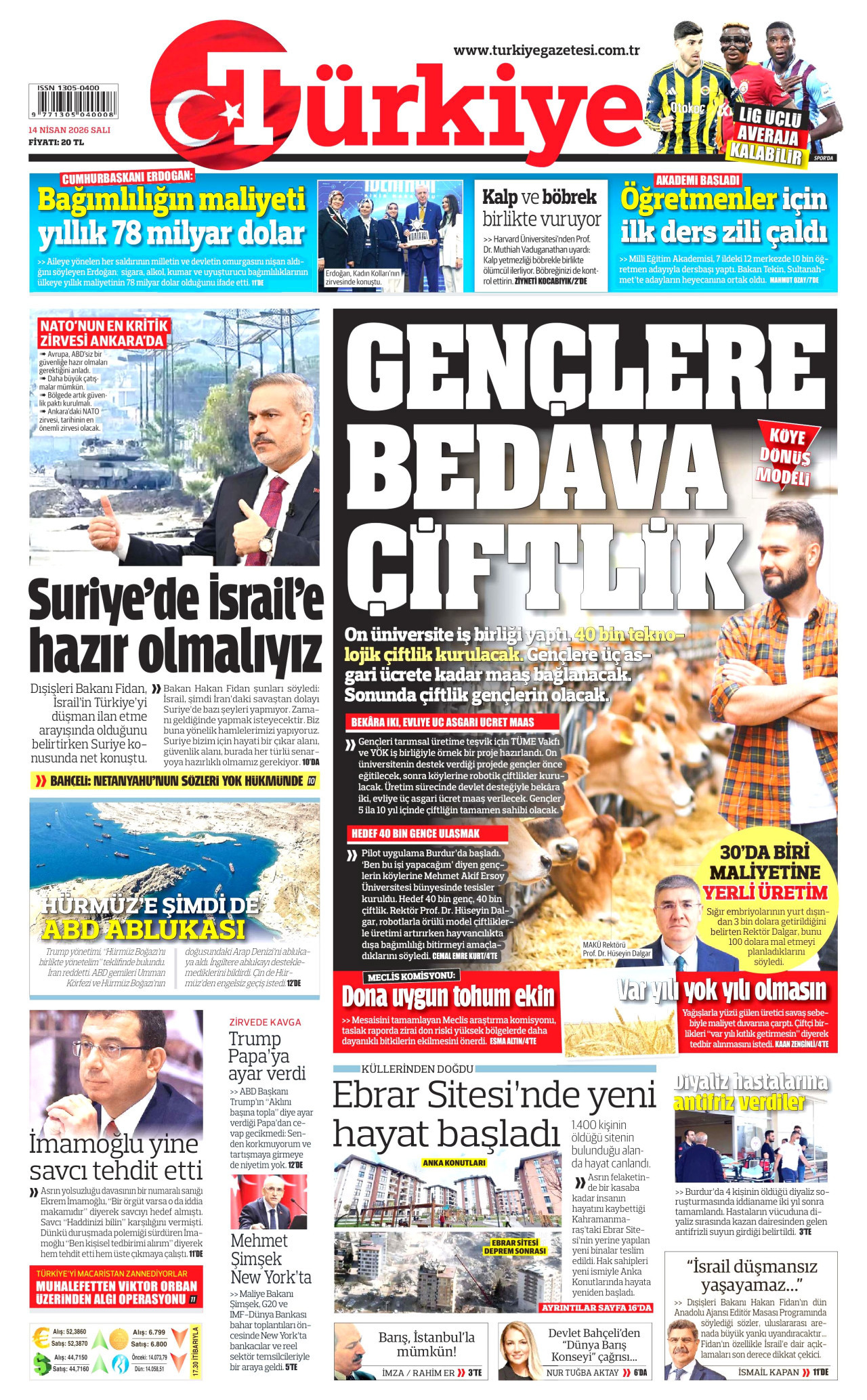 Türkiye Gazetesi Gazetesi Manşeti - 14 Nisan 2026 Birinci Sayfa