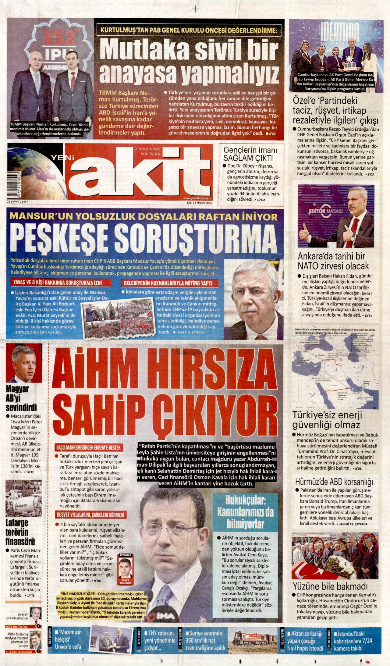 Yeni Akit Gazetesi Manşeti - 14.04.2026